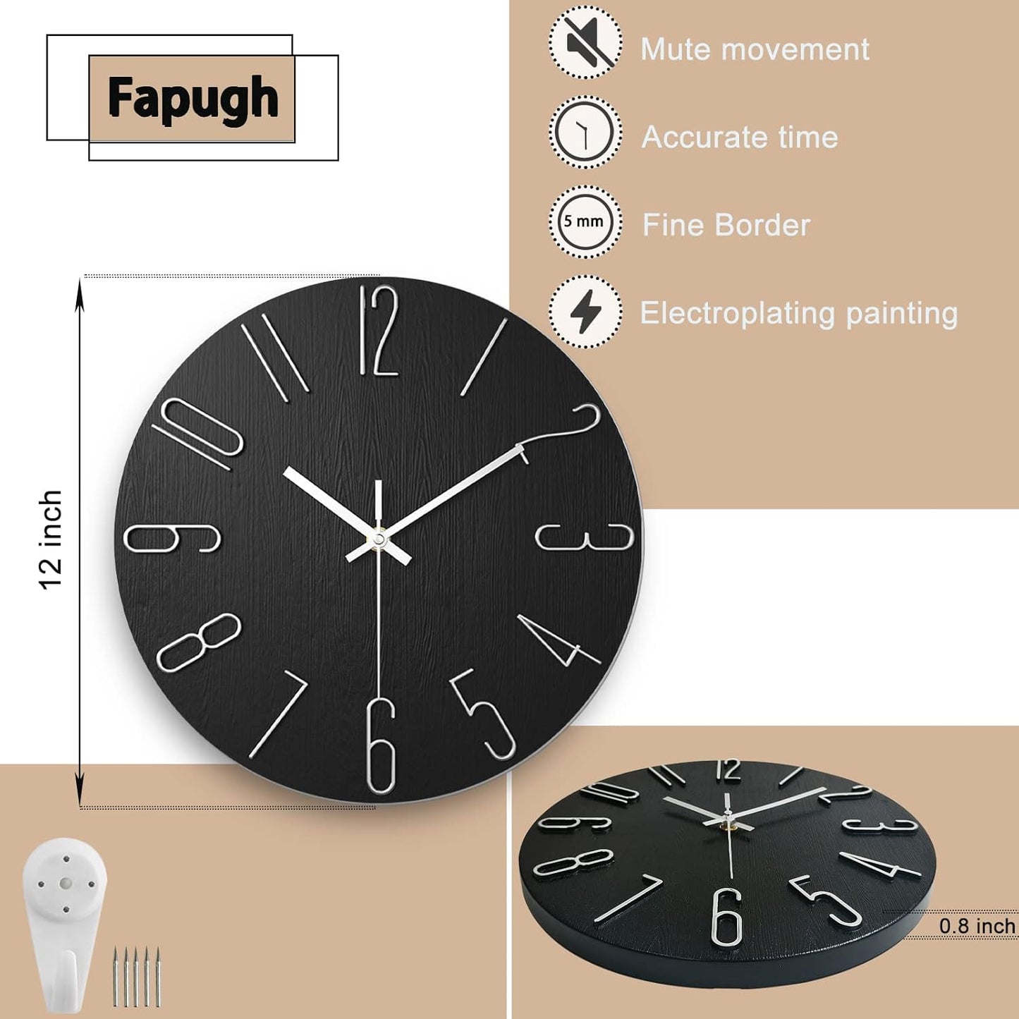 Wall Clock, Silent Clock, Wall Clocks Battery Operated， 12 inch Modern Wall Clock, Suitable for Offices, Living Rooms, Kitchens, Homes, Schools (Black)