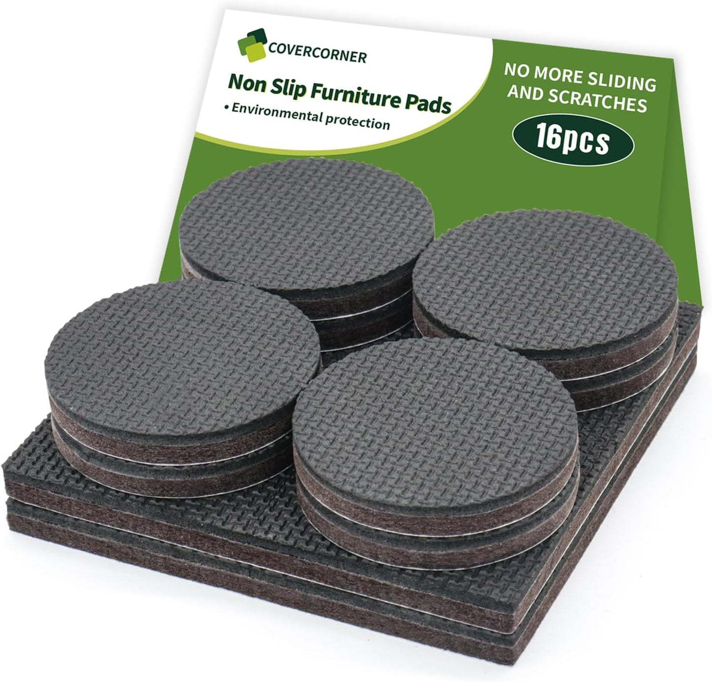 Non Slip Furniture Pads 16 PCS - 8 pcs 2” Round + 8 pcs 2" Square - Anti Slip Furniture Pads - Self Adhesive Rubber Feet Furniture Feet - Chair Leg Floor Protectors