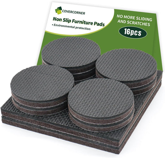 Non Slip Furniture Pads 16 PCS - 8 pcs 2” Round + 8 pcs 2" Square - Anti Slip Furniture Pads - Self Adhesive Rubber Feet Furniture Feet - Chair Leg Floor Protectors