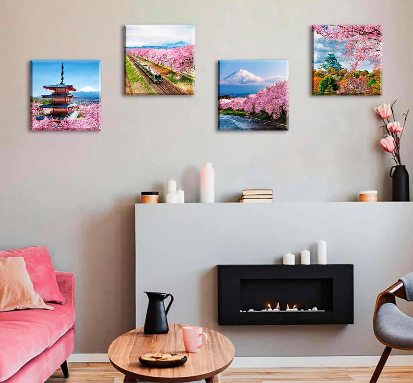 Japanese Cherry Blossom Wall Art - Asian Nature Landscape Romantic Canvas Prints Japanese Mount Fuji Posters Spring Scenery Pictures Modern Artwork for Bedroom Living Room Home Decoration 12"X12"X4