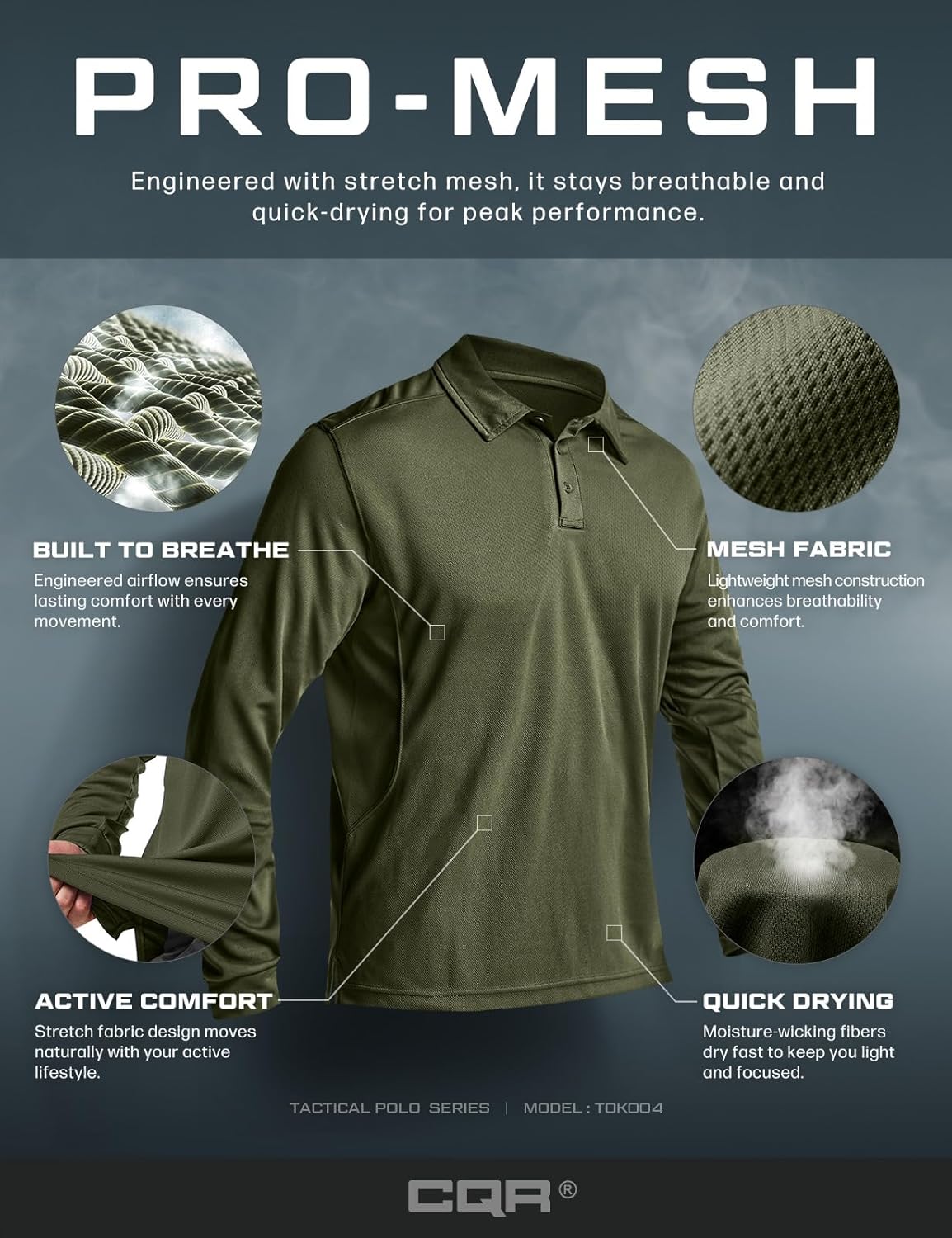 CQR Men's Polo Shirt, Long Sleeve Tactical Shirts, Outdoor UPF 50+ Pique Shirt, Dry Fit Lightweight Golf Shirts