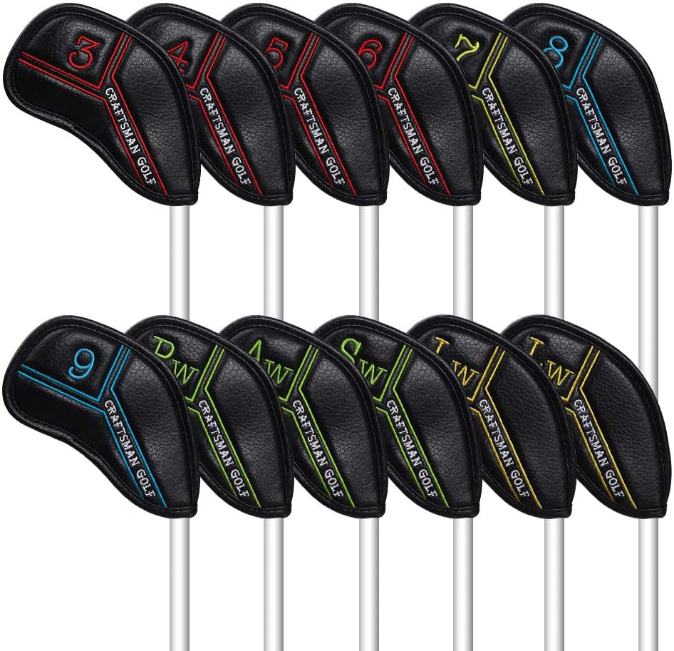 CRAFTSMAN GOLF 12pcs or 1pc Black Leather Golf Iron Head Covers Set Headcover Colorful Number Embroideried for Callaway Ping Taylormade Cobra Also Custom Version w/Your Name