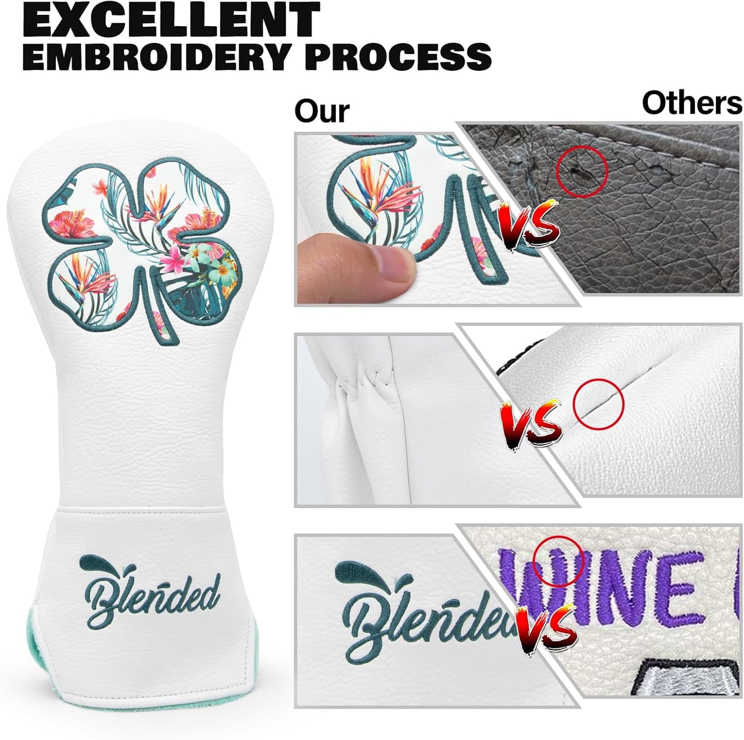 Golf Club Covers White Lucky Clover Golf Head Covers Driver Covers Fariway Wood Headcover Hybrid Covers Leather Golf Headcover with Number Tag for All Brand