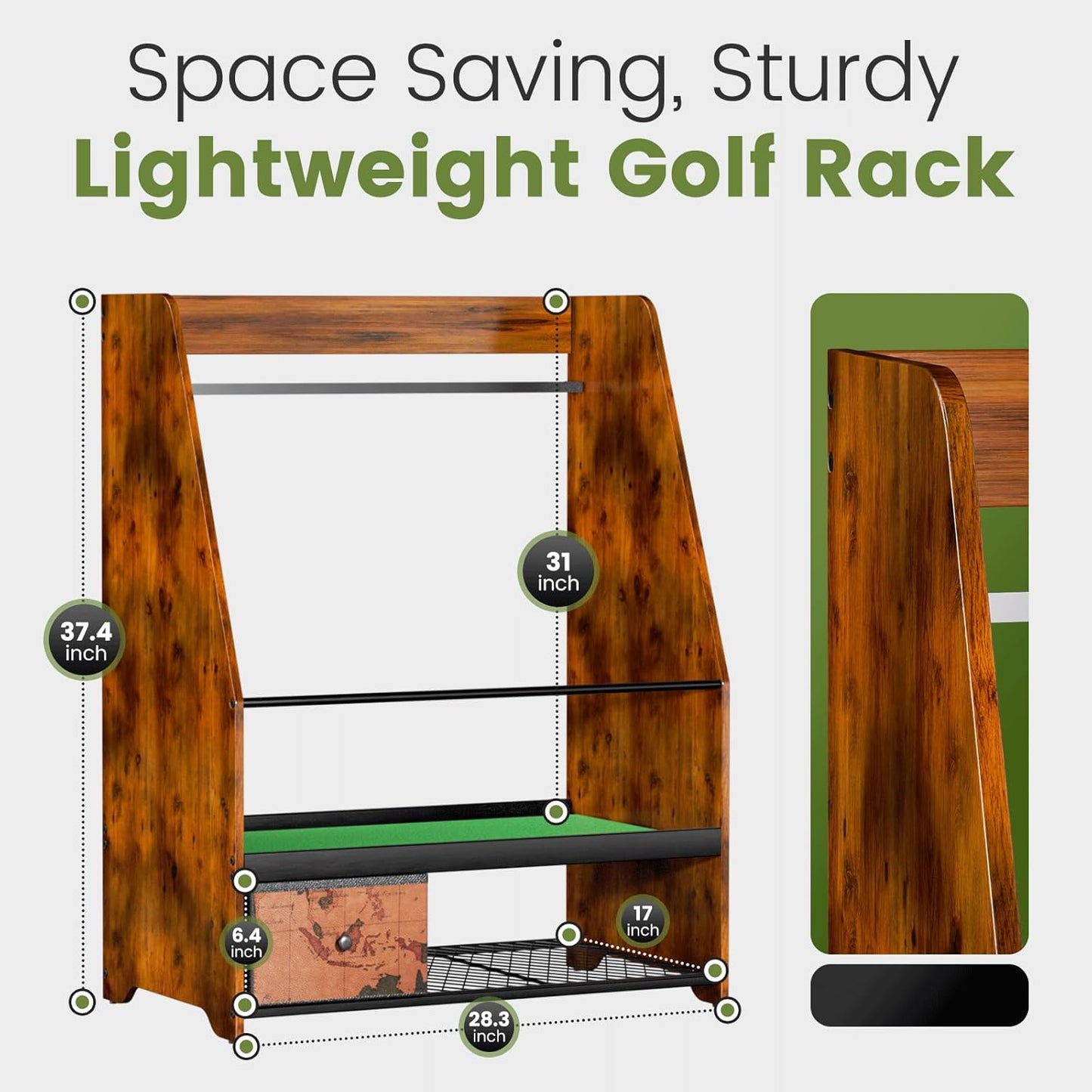 Golf Bag Organizer Rack – Large Wooden Golf Storage for 2 Bags, Clubs & Accessories with Dustproof Drawer, Sports Equipment Rack for Garage, Practice Room, Home or Office (Black)