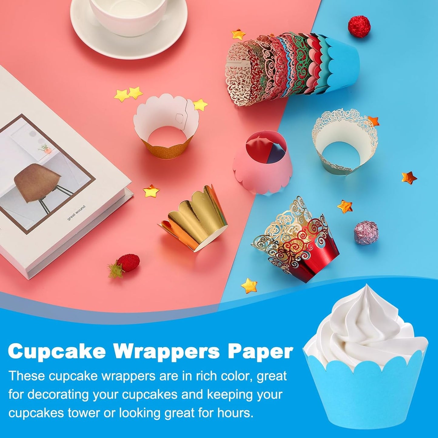 PATIKIL Cupcake Wrappers Paper, 50 Pack Baking Cups Standard Wave Decoration for Anniversary Birthday Weddings and Parties, Blue