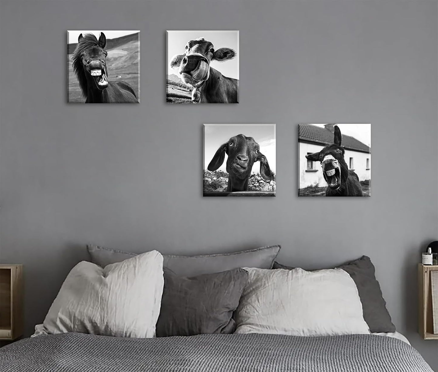 Black and White Wall Art Animal Wall Decor Horse Donkey Sheep Cow Canvas Pictures Prints Funny Decor Posters for Mens Bedroom Office Farmhouse Decoration Stretched Framed Ready to Hang 12×12 inch×4