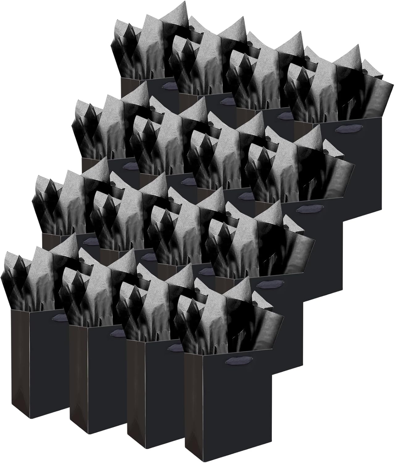 Gcardist Black Gift Bags with Tissue Paper for Wedding, Birthday, Party Supplies - 7.9"x4.3"x9.6" Medium Size Cardboard Gift Bags (16pcs + 32pcs Tissue Paper)