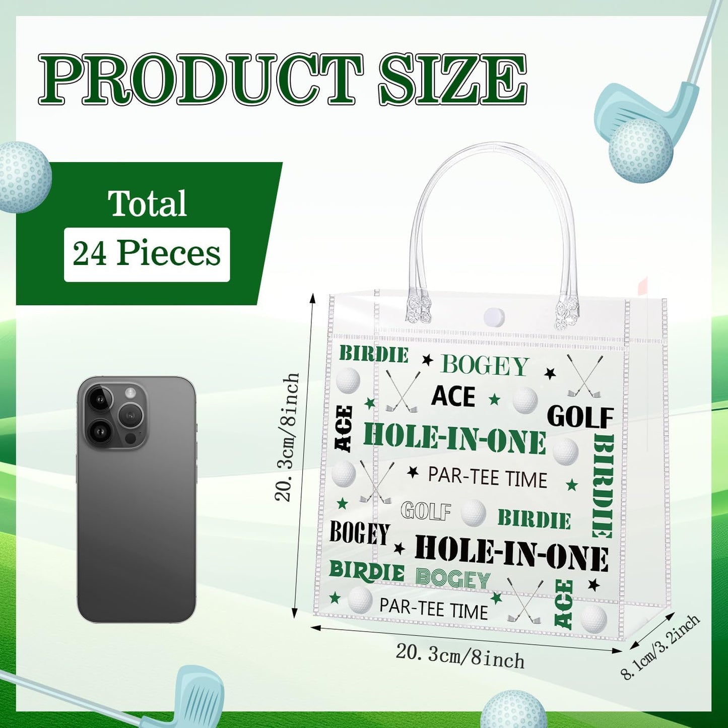 Liobelon 24 Pieces Golf Clear PVC Gift Bag with Handles Transparent Golf Goodie Bags 8 x 8 x 3.2Inch Sport Theme Party Favor Bag for Birthday Holiday Sports Team