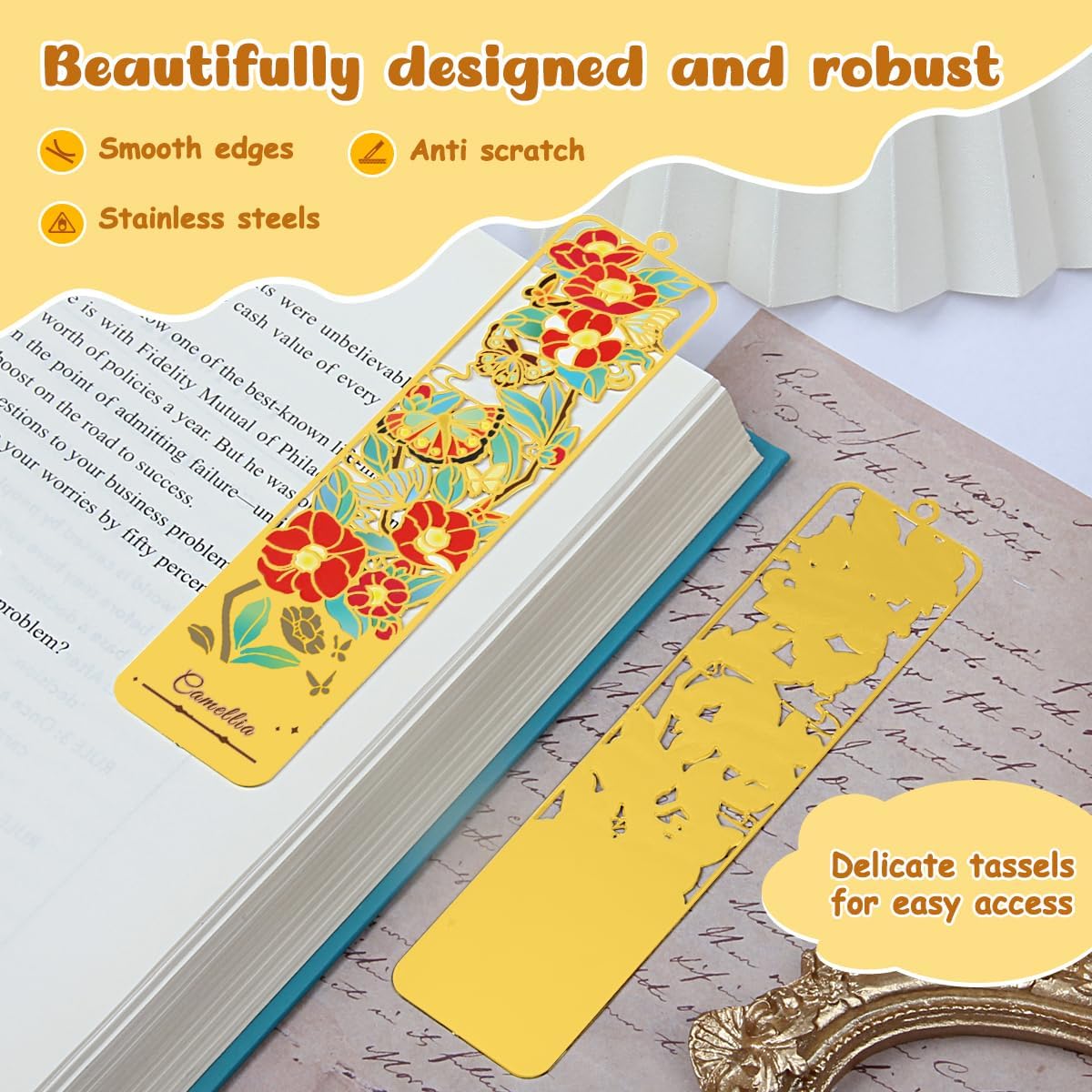 3pcs Metal Flower Bookmarks with Tassel for Reading Women, Pretty Cute Book Markers for Women, Kids, Book Lovers, Reading Accessories Gifts for Book Lovers (Style 2)