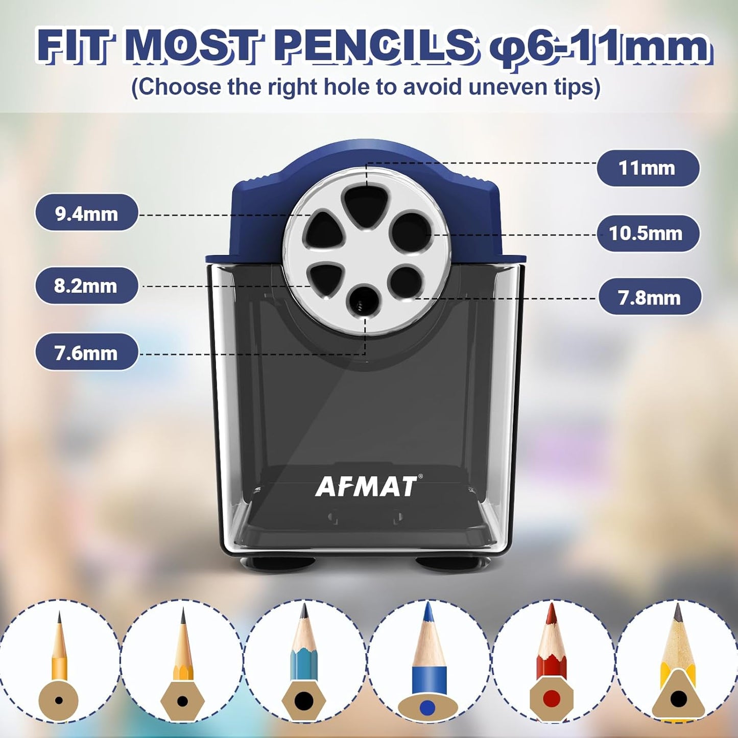 AFMAT PSX4 Electric Pencil Sharpener Heavy Duty, 6-Hole Classroom Pencil Sharpener for 6-11mm Pencils, Auto Stop Pencil Sharpeners Plug in, 10000 Sharpenings, Save Colored Pencils, Blue