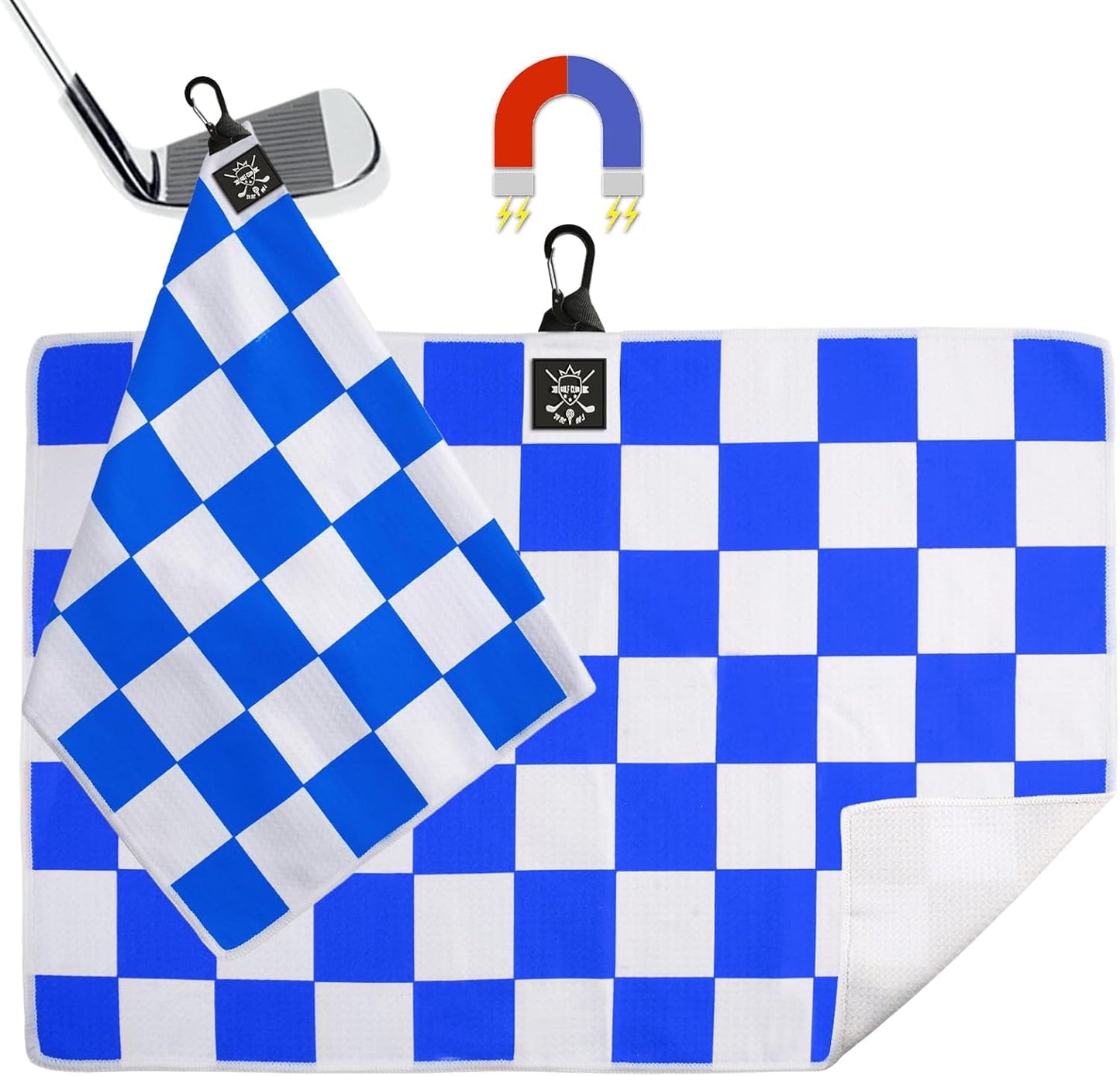 2 Pack 24"x16" Magnetic Golf Towels - Premium Waffle Pattern, with Magnet & Carabiner Clip for Golf Bags, Carts & Clubs. Essential for Men & Women Golfers - Blue/Blue