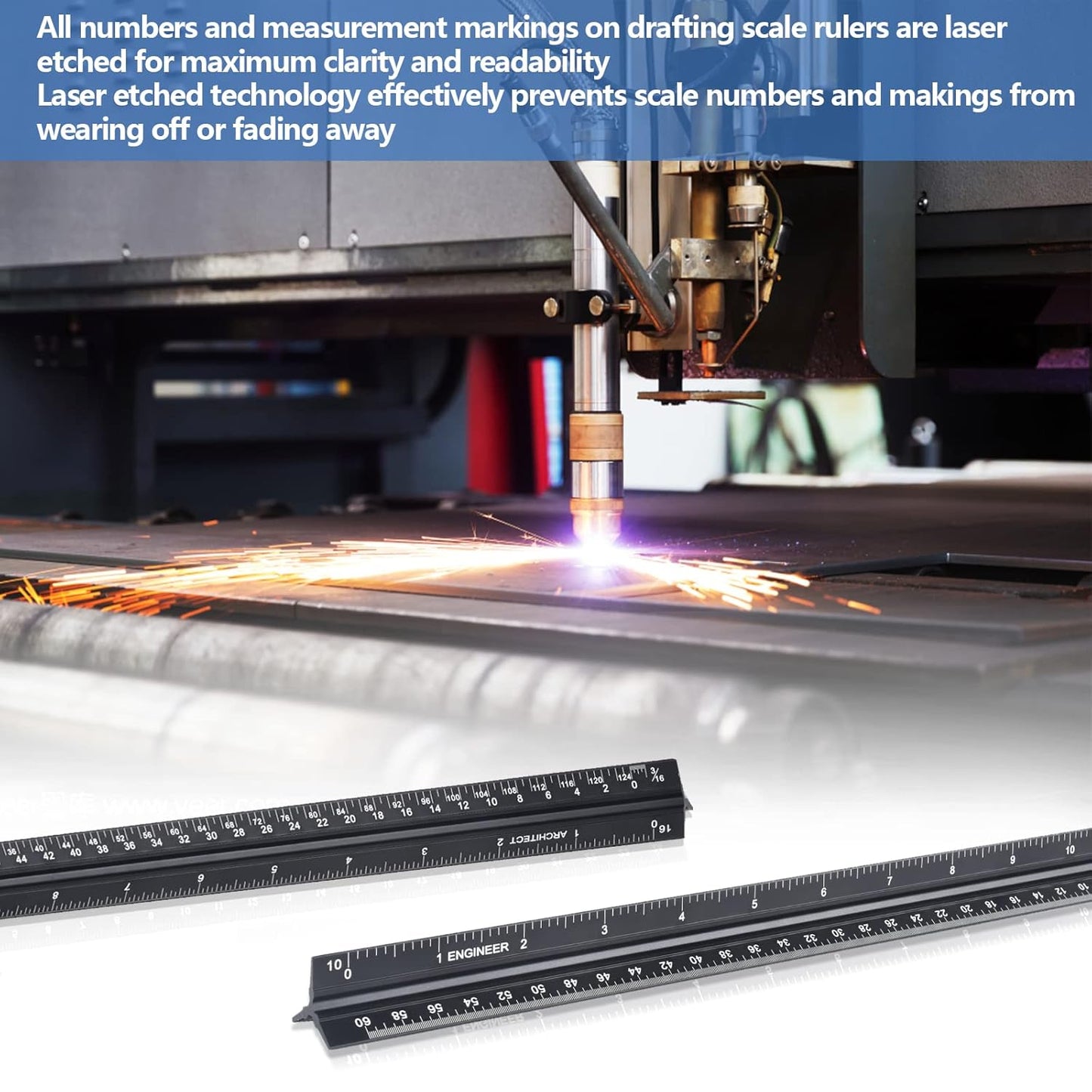 Architectural and Engineering Scale Ruler Set, Imperial Measurements 12'', Black Laser-Etched Aluminum Architect Triangular Ruler for Architects, Students, Draftsman, and Engineers
