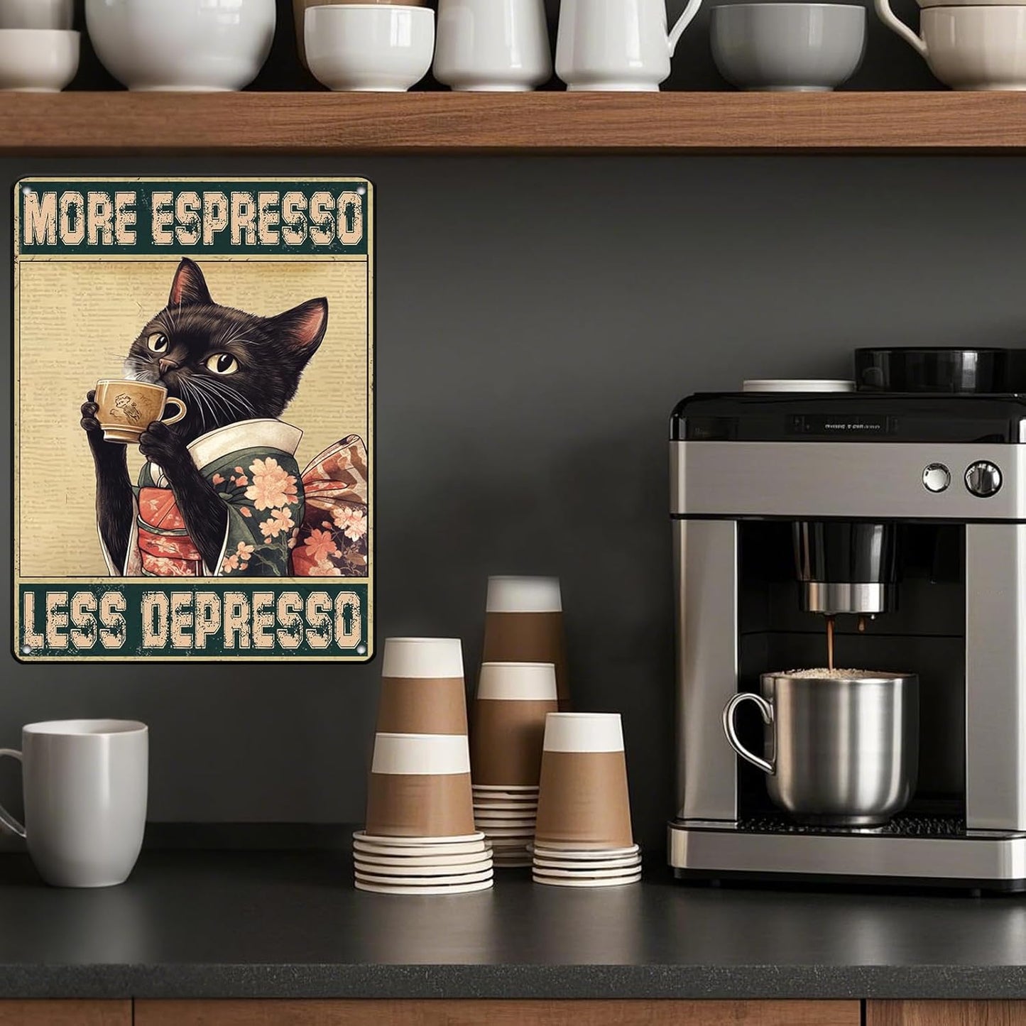 Coffee Cat Metal Posters More Espresso Less Depresso Metal Tin Sign Kimono Cat Bar Pub Sign Poster Home Decor Garage Bar Restaurant Kitchen Cafe Poster 12x16 Inch