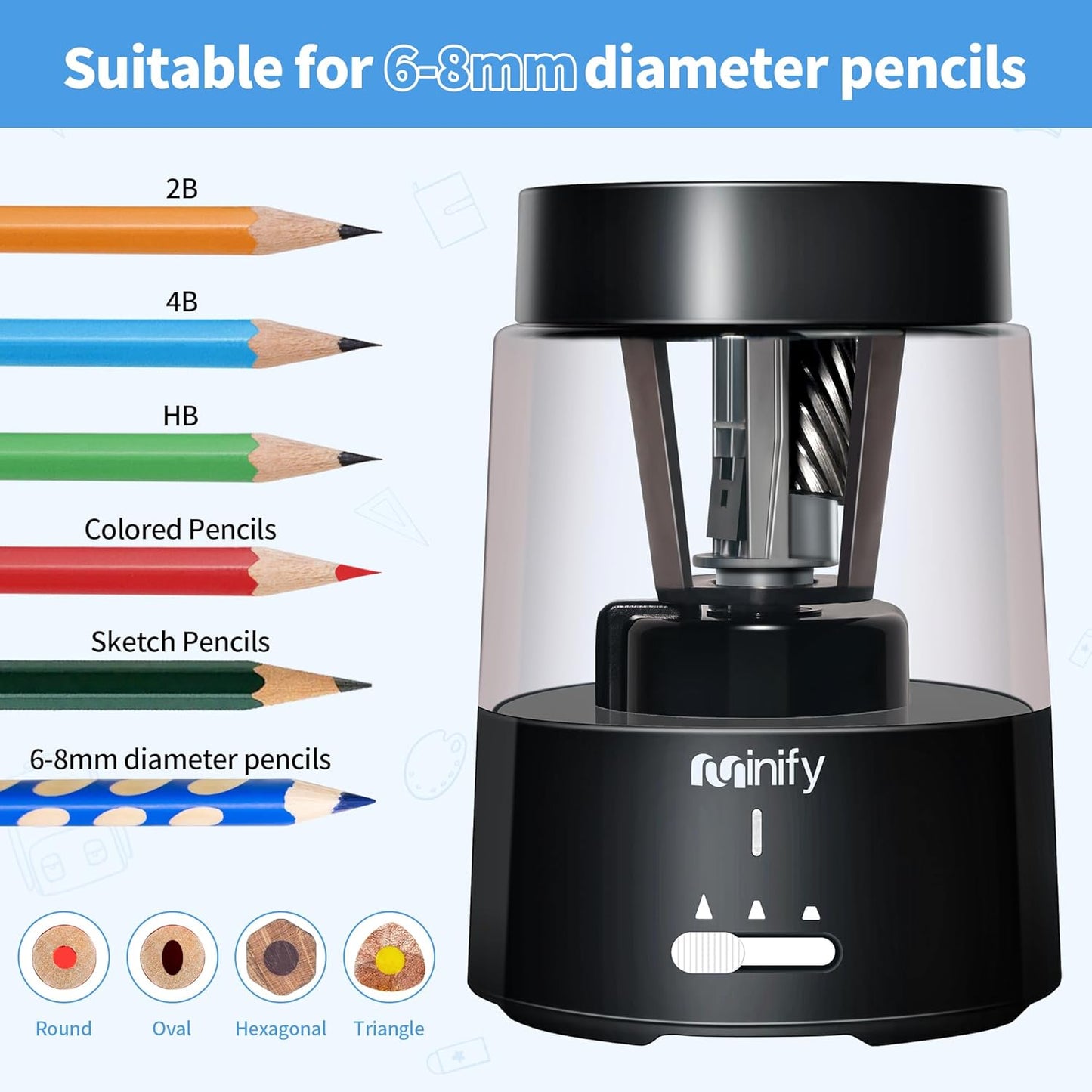 Pencil Sharpener Electric Pencil Sharpener Heavy Duty Blade Rechargeable Battery Powered Pencil Sharpeners for 6-8mm Colored Pencils Auto Stop Fast Sharpen in 3s (Black)