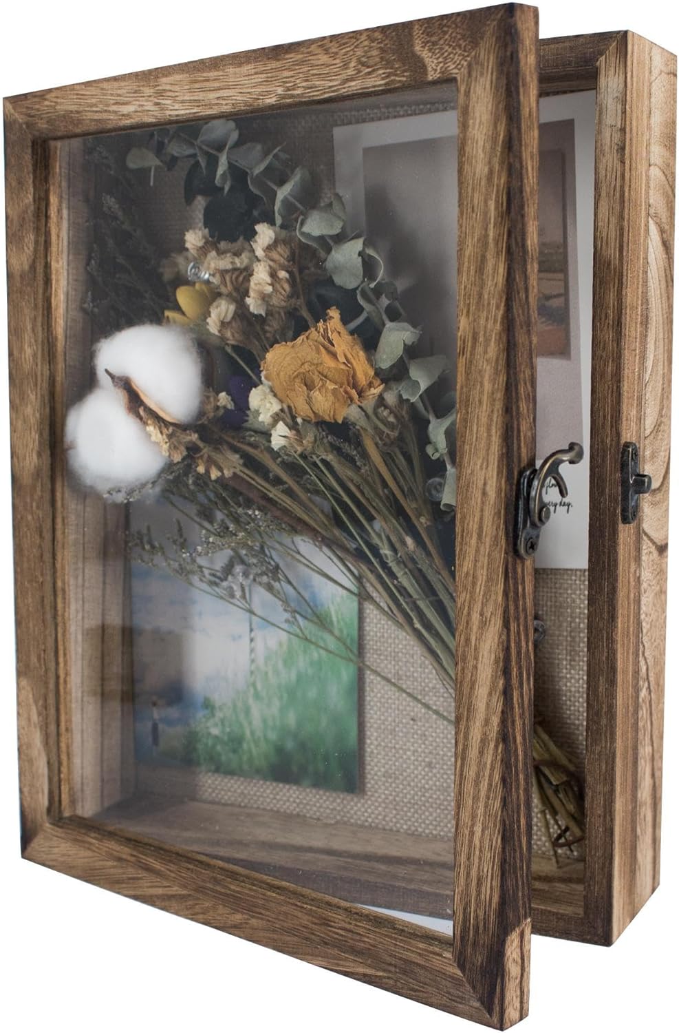 GraduatePro Shadow Box Frame 8x10 Display Case with Linen Back, Real Glass Window Door with Hinge, Picture Frame Wedding Bouquet Memorabilia Medals Photos Memory Box for Keepsakes, Carbonized Black
