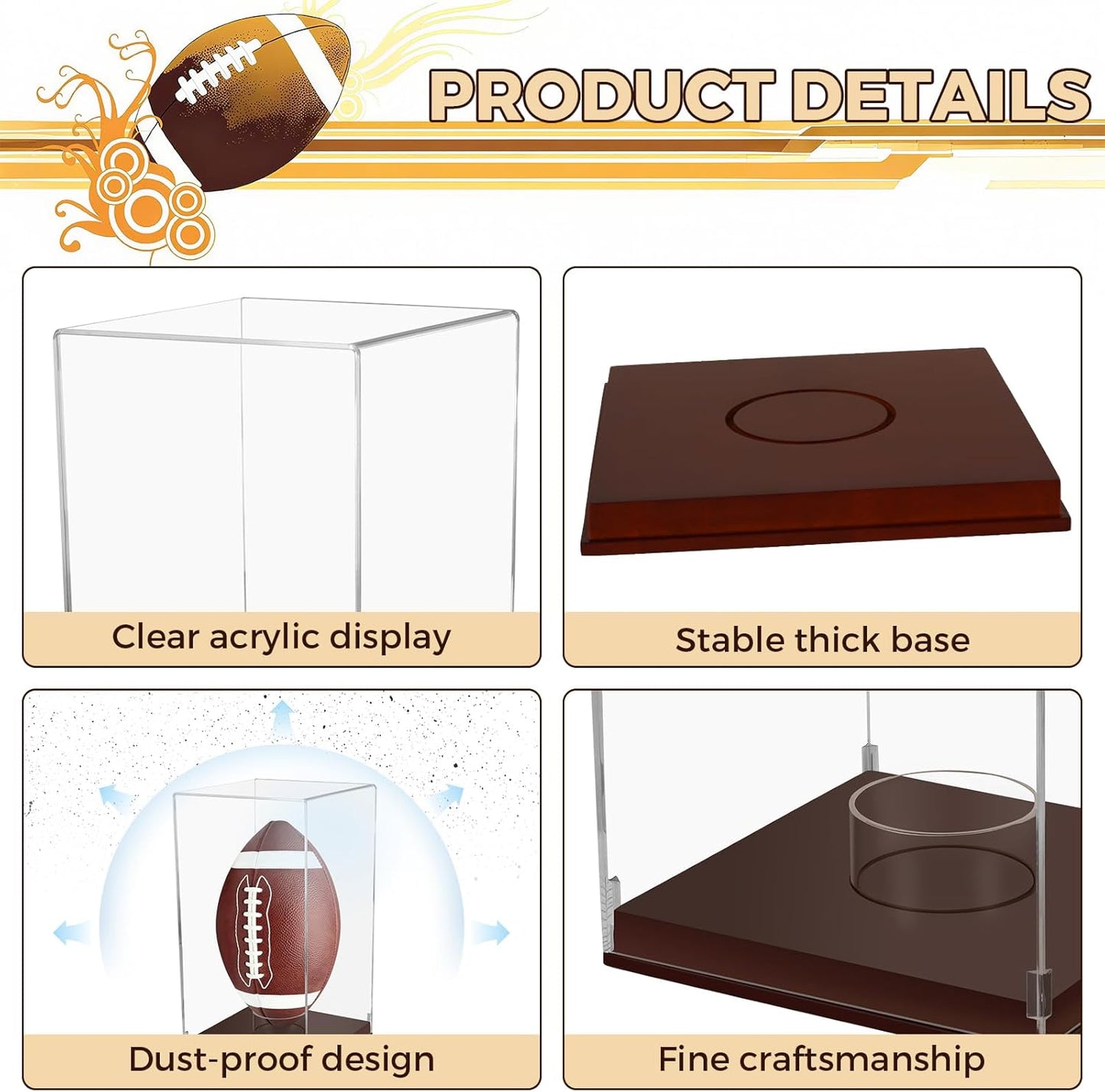 Football Display Case with Wooden Base, UV Protection Clear Acrylic Souvenir Display Box for Autographed Football, Memorabilia, Sports Collectibles, Vertical Brown