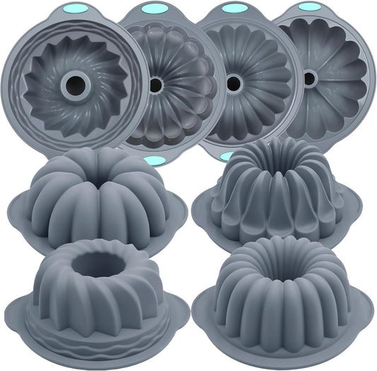 Tongjude 4 Pieces Silicone Fluted Tube Cake Pans, 7 Cups Tube Baking Pan, Jello Mold, Silicone Molds for Homemade Cake, Bread and Jello, Non-Stick, Grey