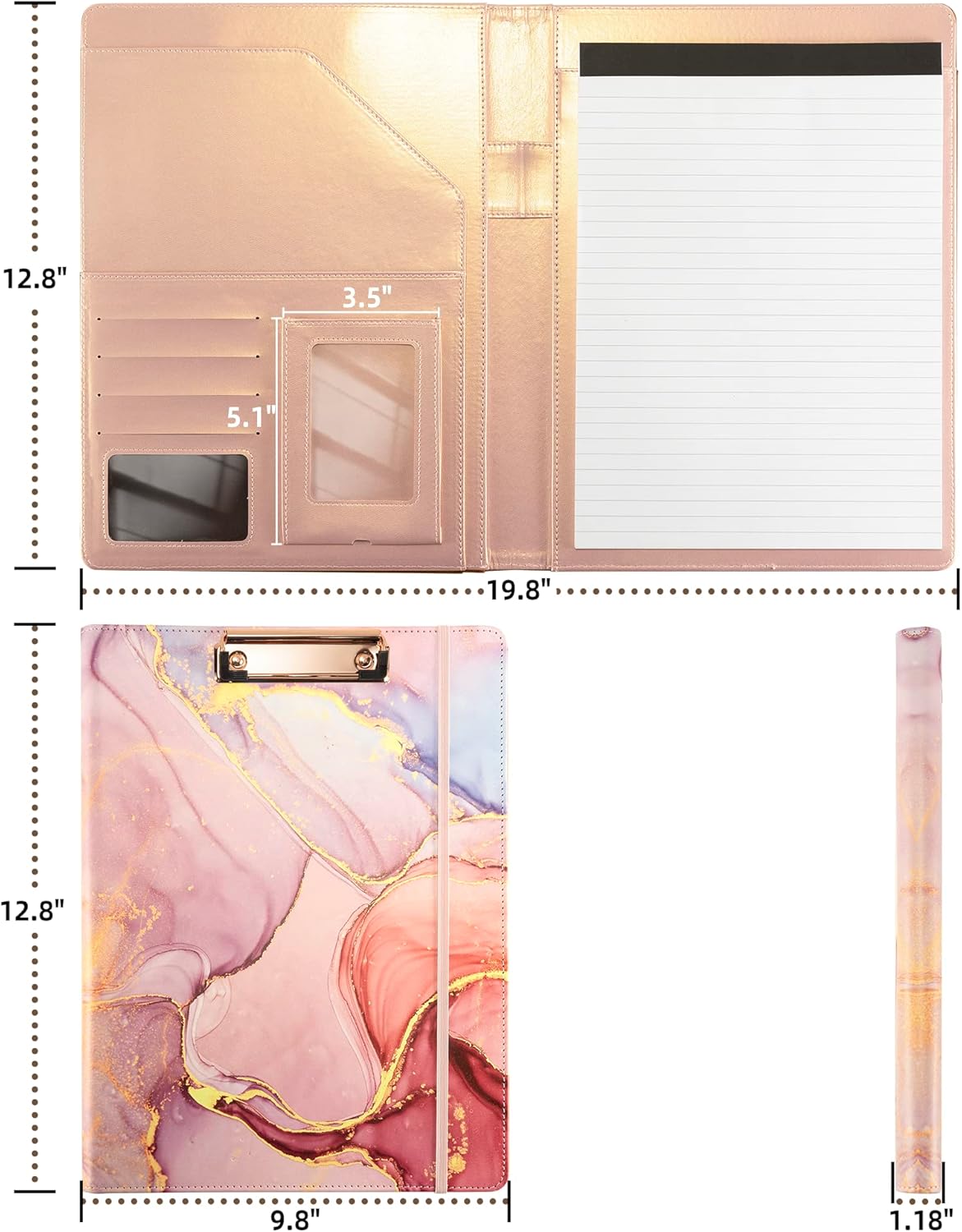 Leather Portfolio Binder Folder Storage Clipboard Pink Padfolio for School Side Straps Document Organizer