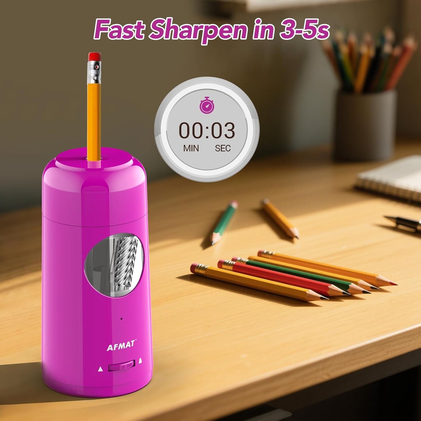 AFMAT Electric Pencil Sharpener, Rechargeable Fully Automatic Pencil Sharpener for Jumbo & Colored Pencils (7-11.5mm), Auto in/Out, Hands-Free, Portable for Home/Classroom/Office PSX6(Purple)