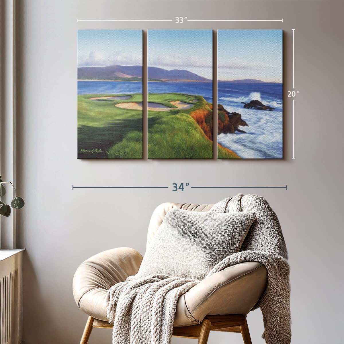ElephantStock Pebble Beach 7th Hole Wall Art - Horizontal Canvas - 3-Piece Living Room Wall Decor - Painting Sports Canvas Print - Green and Blue Decor for Wall by Marci Rule - 33" X 20"