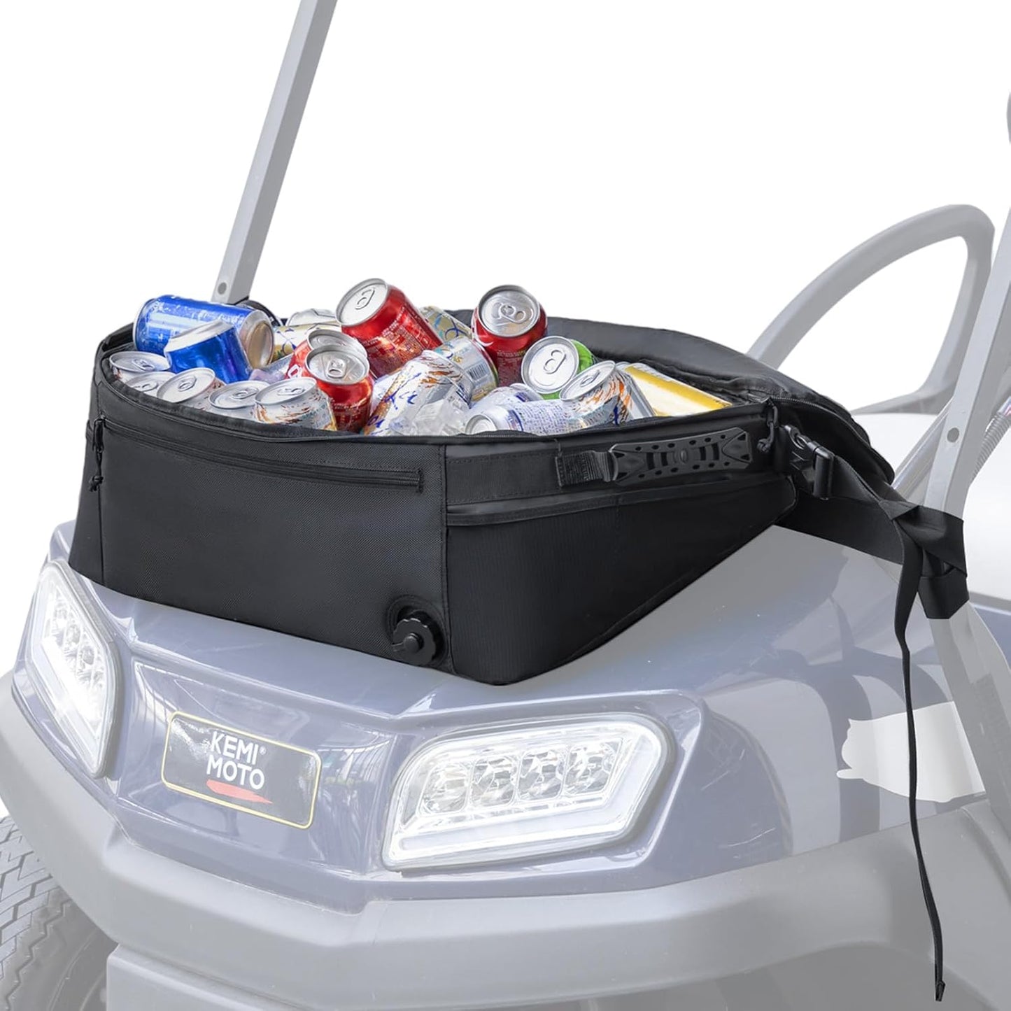 KEMIMOTO Golf Cart Cooler Bag, Fits 20-30 11oz Cans, Insulated with Drain Plug, Reflective Finish, Handy Pockets, Golf Cart Accessories Gifts for Golfers Men, Compatible with EZGO Club Car