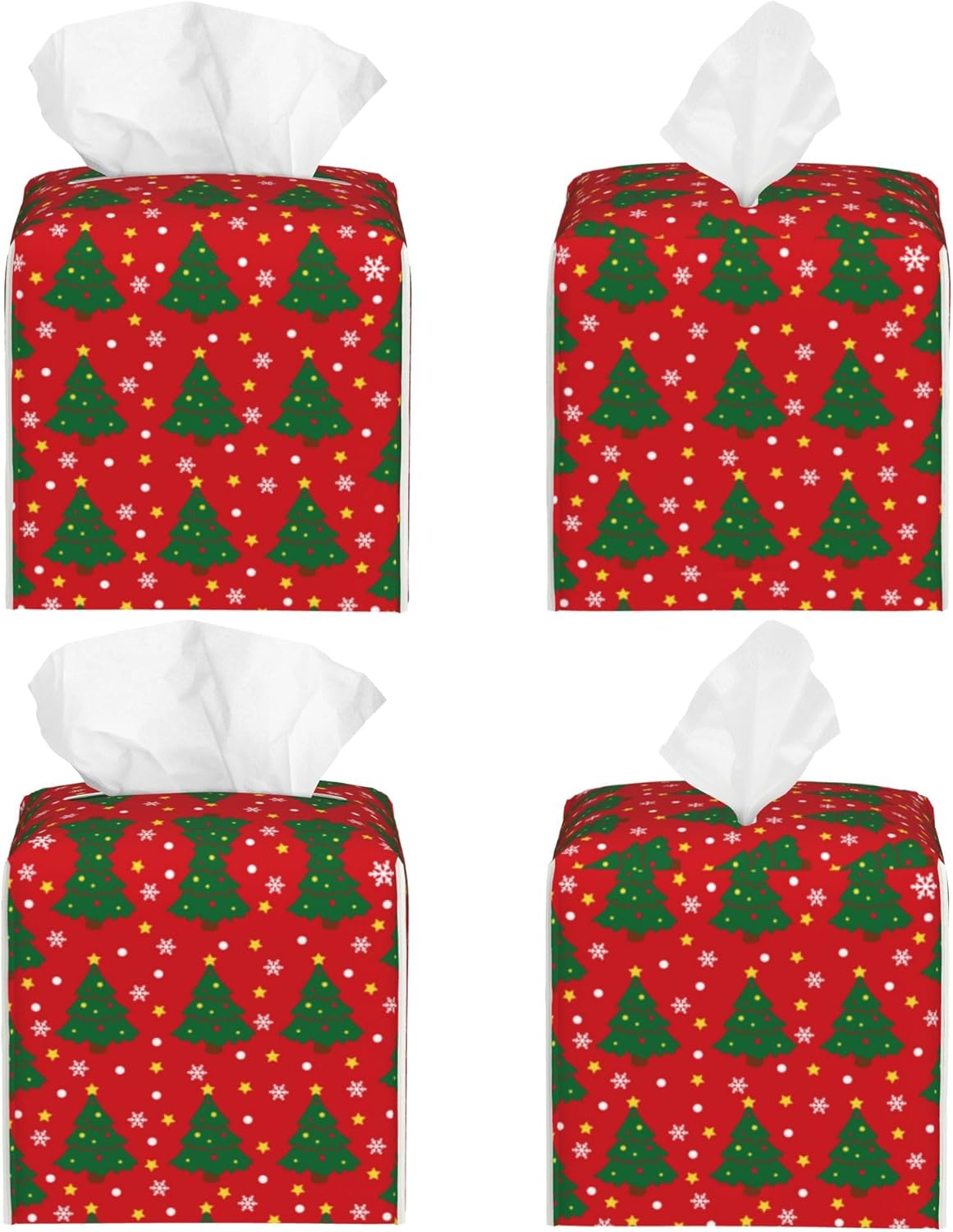 Christmas Tree and Snowflakes Tissue Box Cover Square,Red Green Christmas Pine Tree Tissue Box Holder Waterproof Leather Facial Paper Organizer Dispenser for Bathroom Home Car Nightstand Vanity Desk