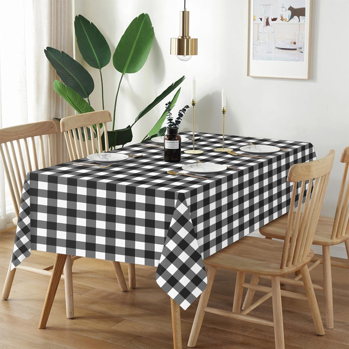 QIKSION Black Gingham Tablecloth Disposable 2 Pack, 54 x 108 Inch Black and White Checkered Table Cloth for Rectangle Tables, Plastic Table Cover