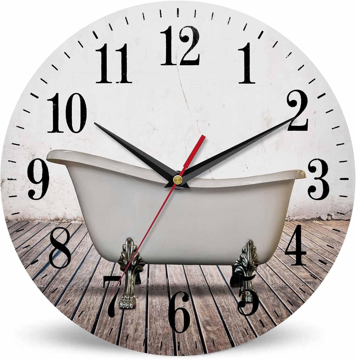 Mxocom Vintage Bathtub Wall Clock Bathroom White Old Wall Wood Floor 10 Inch Silent Non Ticking Battery Operated Clock Vintage Round Clock for Living Room Bedroom Bathroom Office Decor