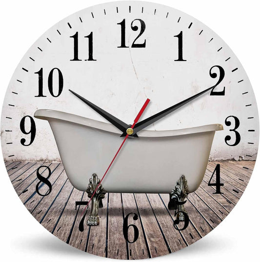 Mxocom Vintage Bathtub Wall Clock Bathroom White Old Wall Wood Floor 10 Inch Silent Non Ticking Battery Operated Clock Vintage Round Clock for Living Room Bedroom Bathroom Office Decor