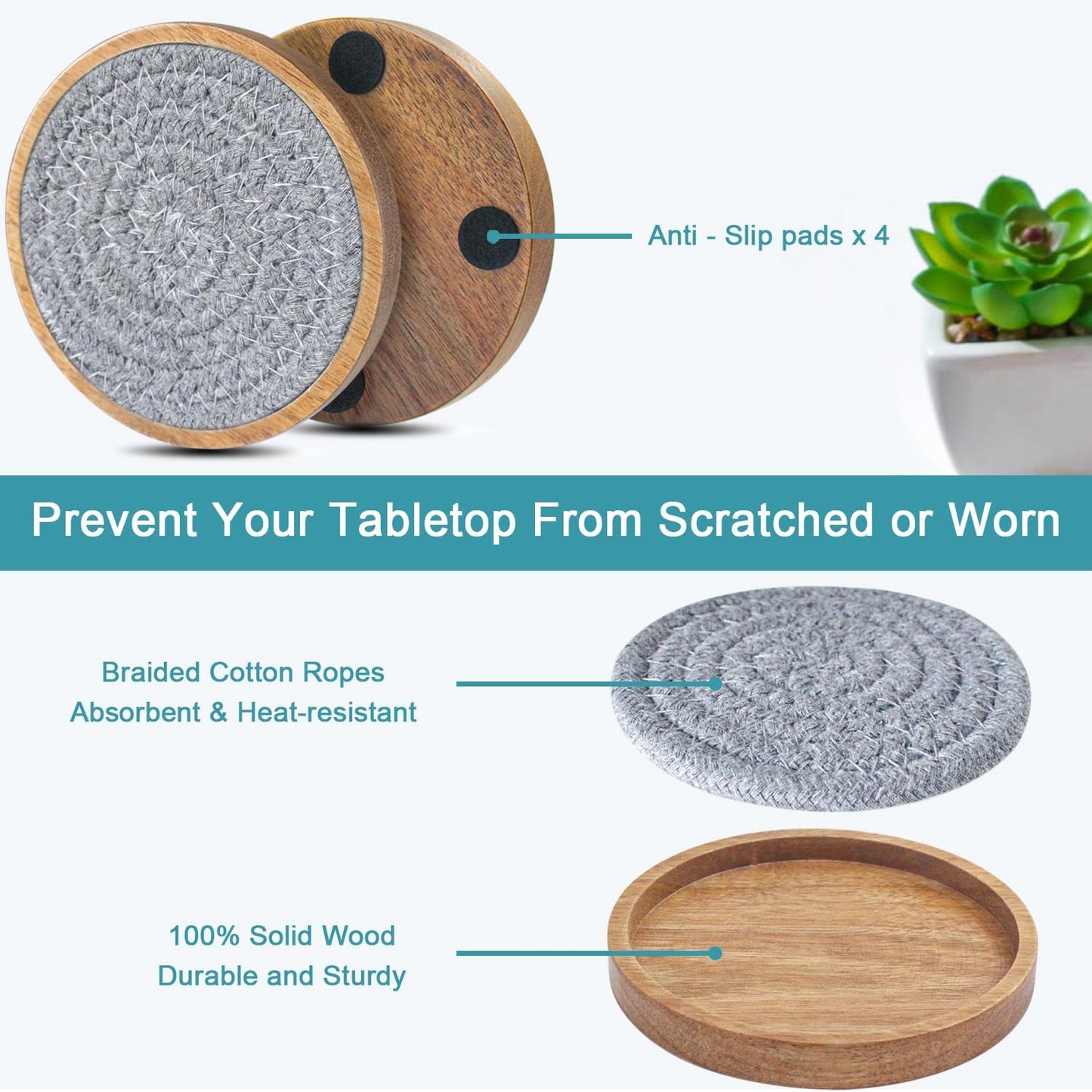 Wood Coasters for Drinks, Absorbent Coaster Sets of 8, Woven Drink Coasters for Coffee Table, Housewarming Gift for Farmhouse Home Decor,4.3 inches Gray