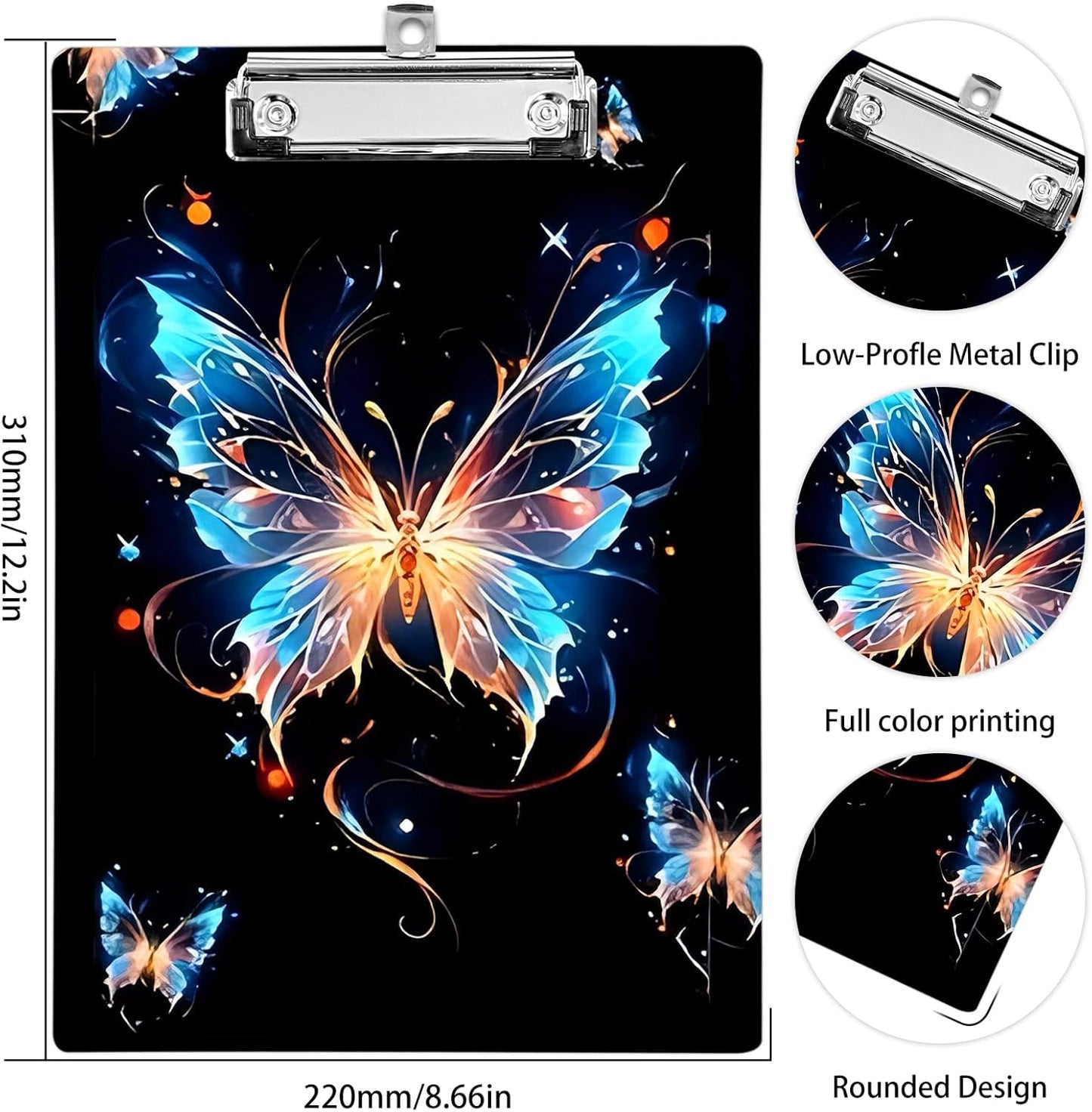 Plastic A4 Clipboards, Cute Fashion Clipboard Decorative, 12.2" x 8.7" Standard A4 Size Clipboards, Plastic Acrylic Clipboard for Teacher, Social Worker, Students,Women, Office Supplies (Butterfly)