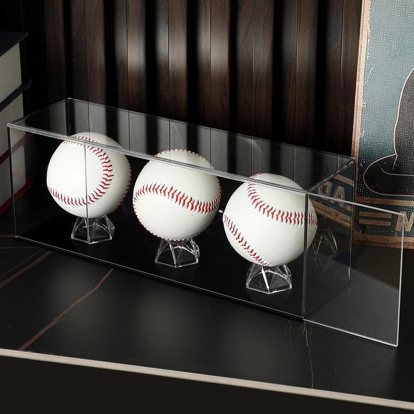 Baseball Golf Ball Display Case for 3 Balls UV Protected Acrylic Boxes for Display Ball Cube Memorabilia Showcase Autograph (Black, 11.4 x 4.3 x 3.15 Inch)