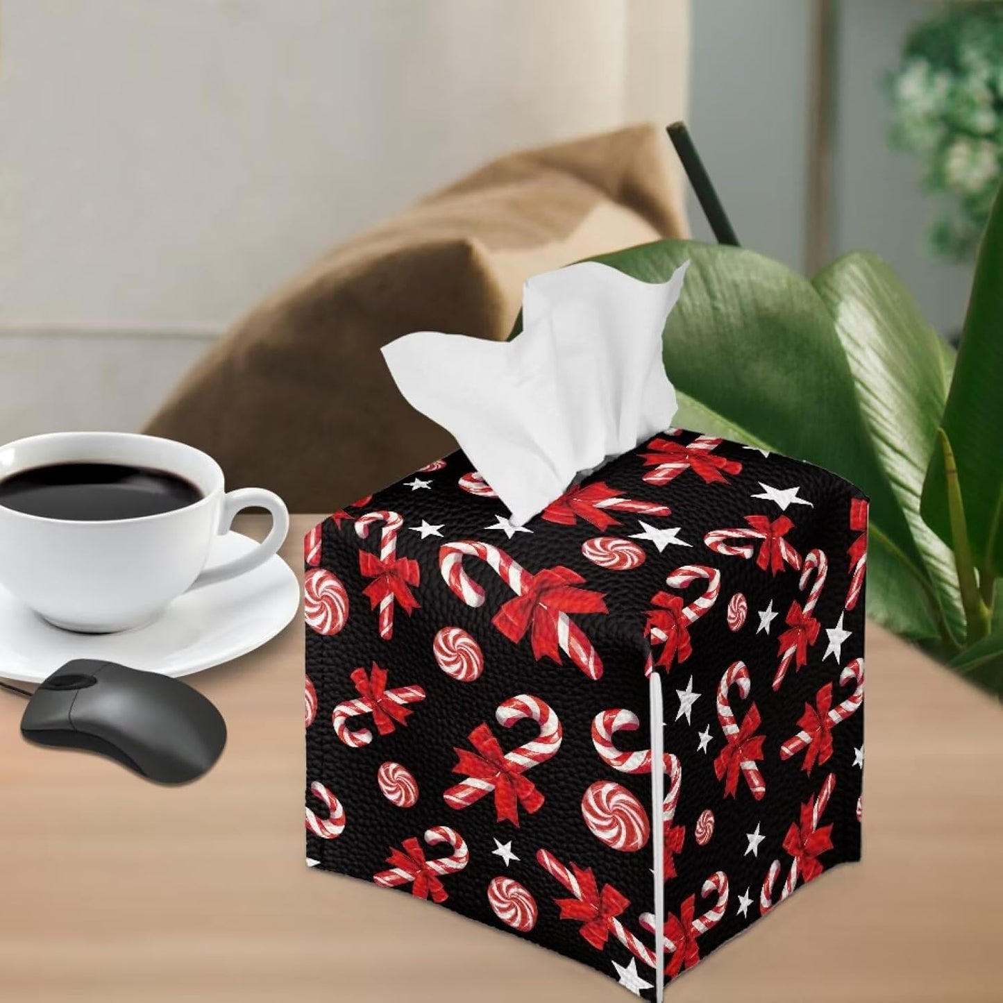 Christmas Candy Leather Tissue Box Cover Square Tissue Box Holder Christmas Home Decorative Tissue Holder Fun Tissue Box for Living Room Kitchen Bathroom