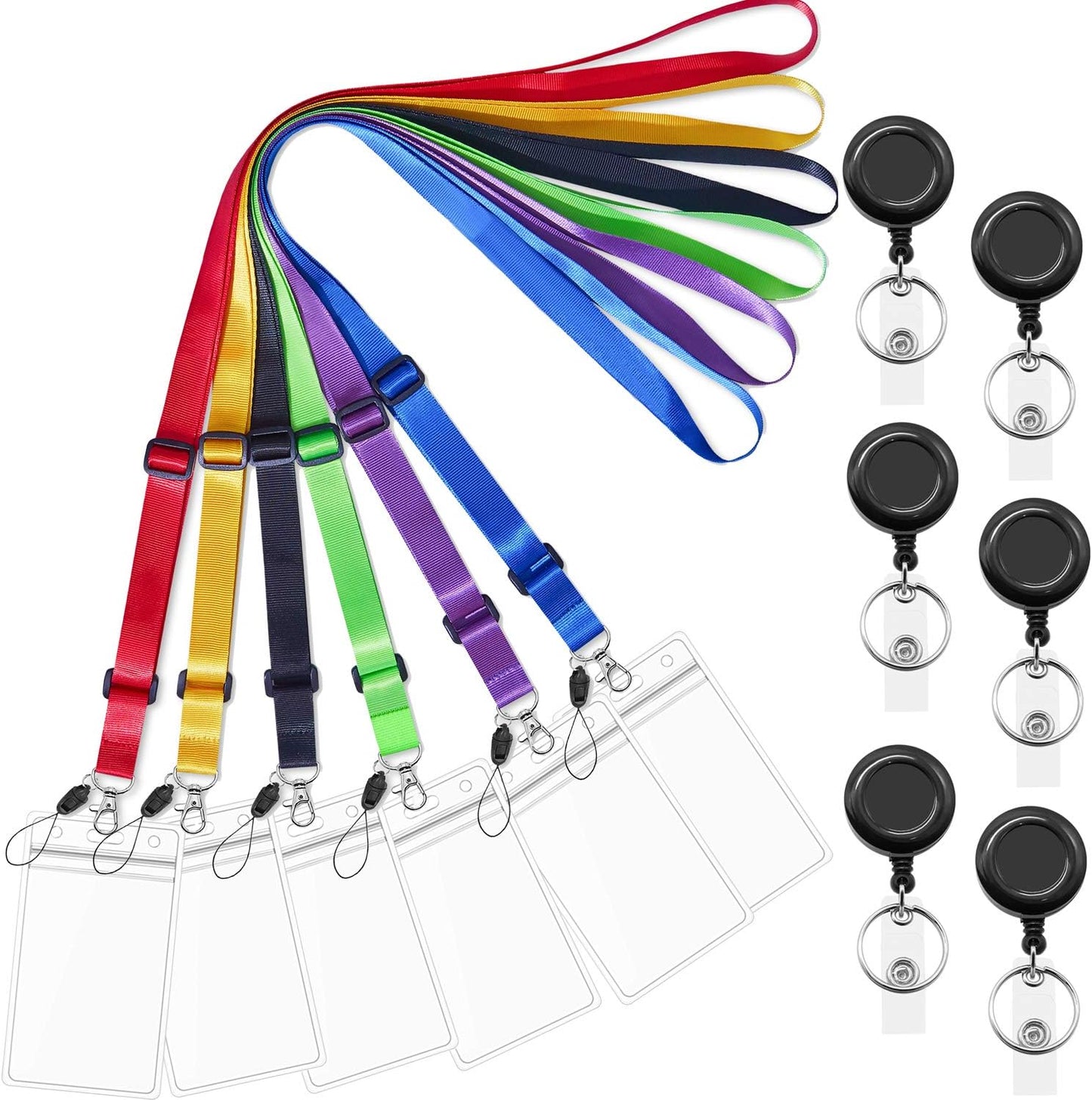 AMUU 6 Colors Lanyards Adjustable Extend Length with Vertical ID Badge Holder and Retractable Badge Reel,Red,Yellow,Black,Green,Purple,Royal Blue,6 Pack
