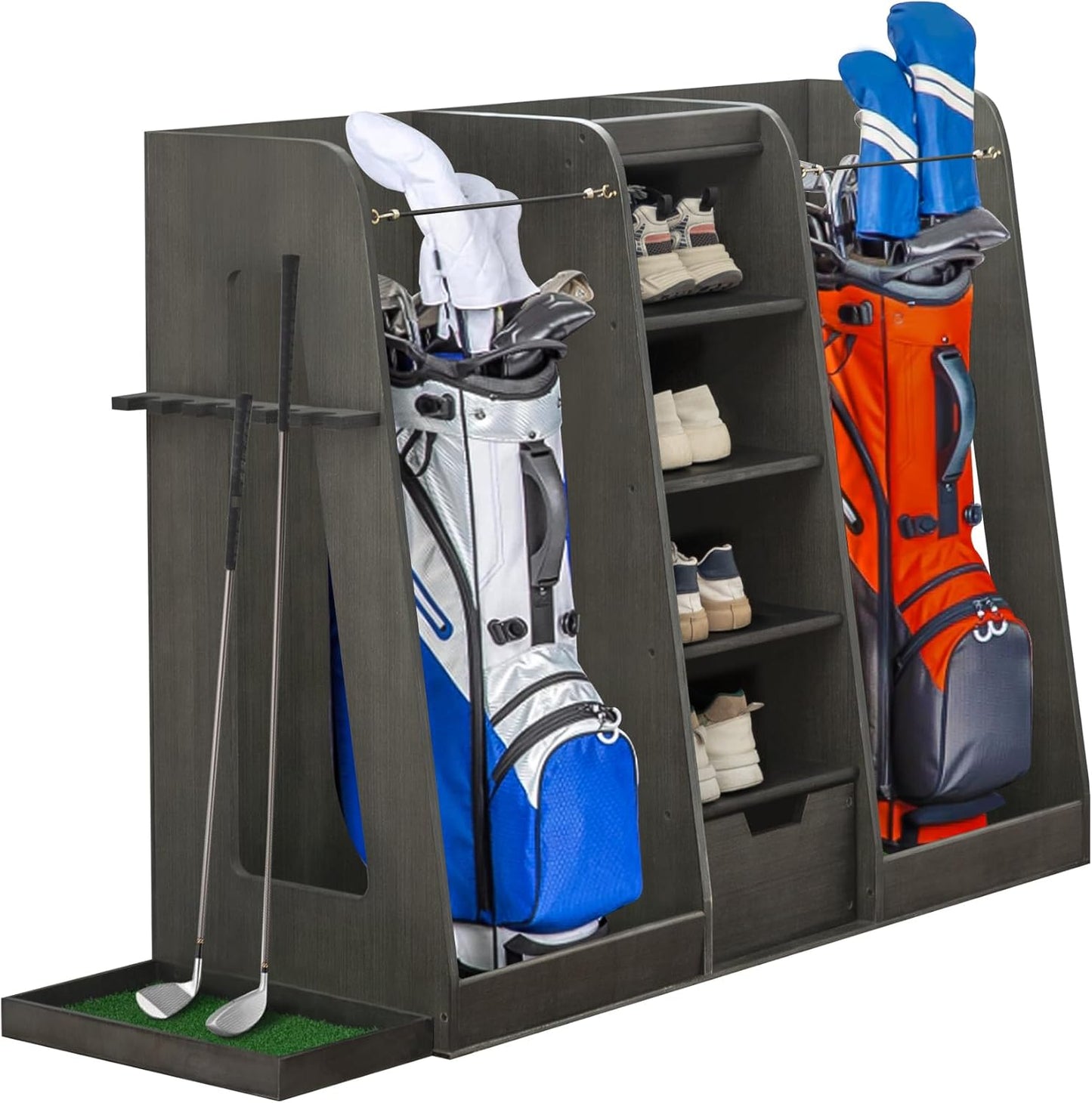 Wooden Golf Bag Organizer and Storage Rack, Wooden 2 Golf Bag Rack with Drawers, Easy to Assemble Golf Club Holder/Stand with Club Holders on Side