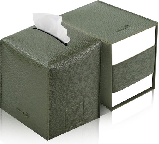 Tissue Box Cover 5X5X5'' PU Leather Tissue Holder Square Tissue Cube Box Organizer for Bathroom Vanity Countertop, Car, Night Stands, Office, Home, Kitchen (2Pack, Dark Green)