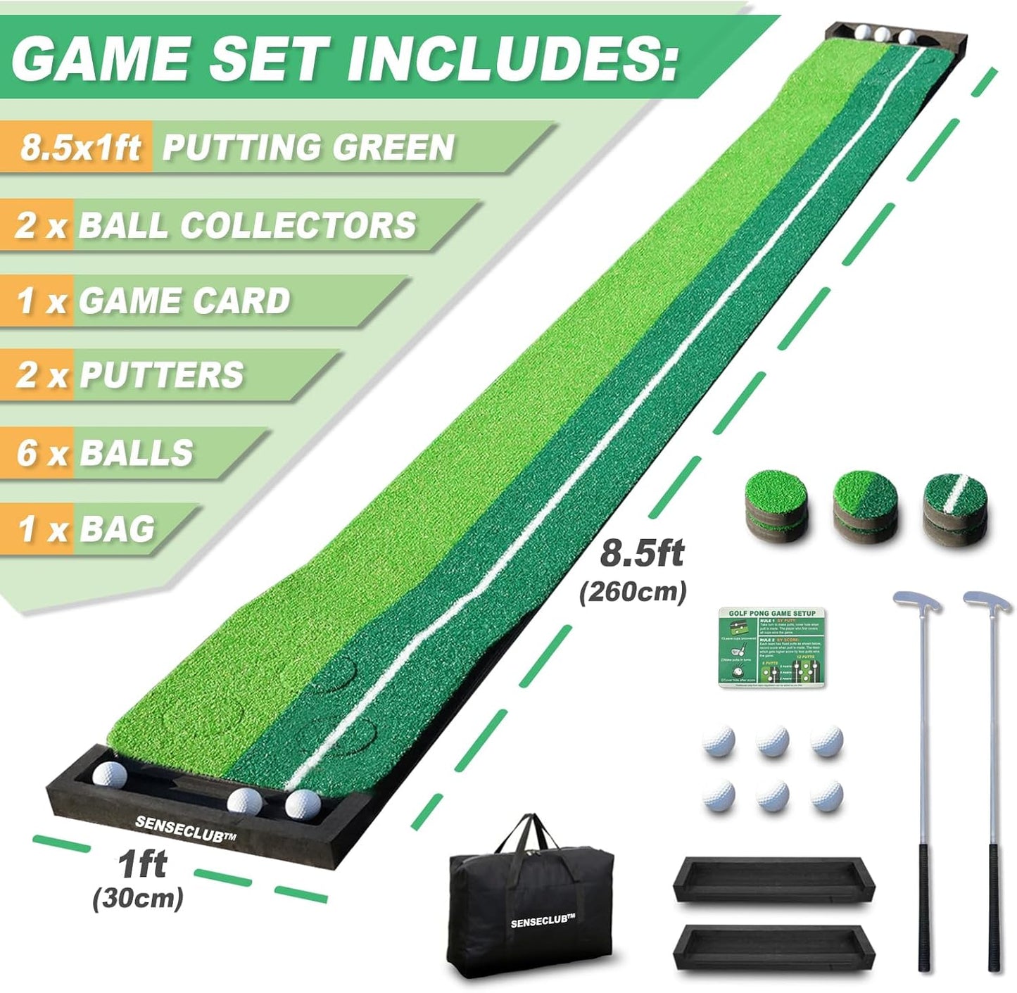 SENSECLUB Indoor Putting Green, Foldable Putting Mat Golf Game Set, Golf Gifts for Men with Ball-Collect System