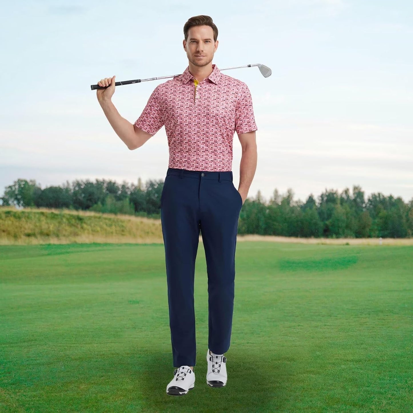 M MAELREG Mens Golf Shirt Short Sleeve Dry Fit Print Moisture Wicking Performance Patterns Collared Polo Shirt