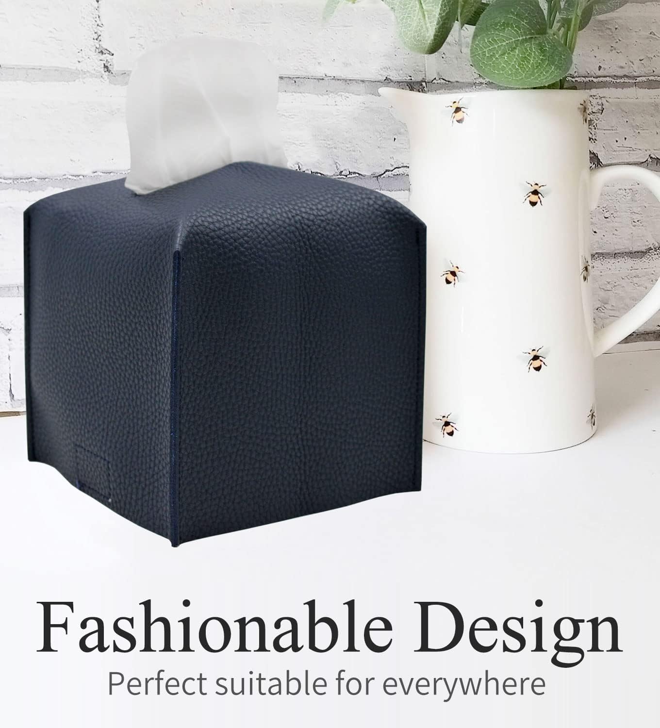 Livelab Tissue Box Cover, Square Decorative PU Leather Tissue Box Holder Modern Tissue Case Facial Paper Organizer Dispenser for Bathroom, Vanity Countertop, Night Stands, Desk 5X5X5'' | Navy Blue