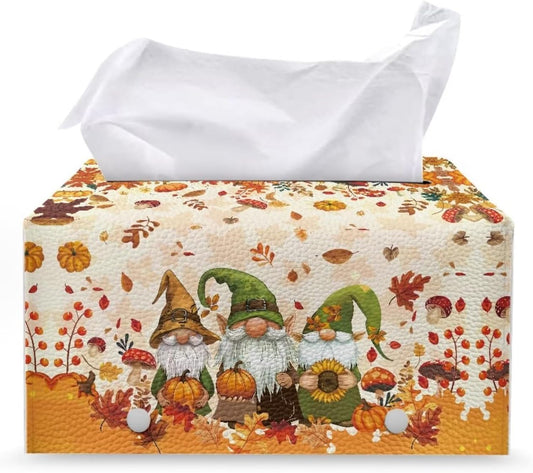 Thanksgiving Elf Pumpkin Leather Tissue Box Cover Maple Leaf Print Large Capacity Design Stain-Resistant PU Leather Rectangle Tissue Holder Fall Bathroom Decor 9.7"x5.2"x5.12"
