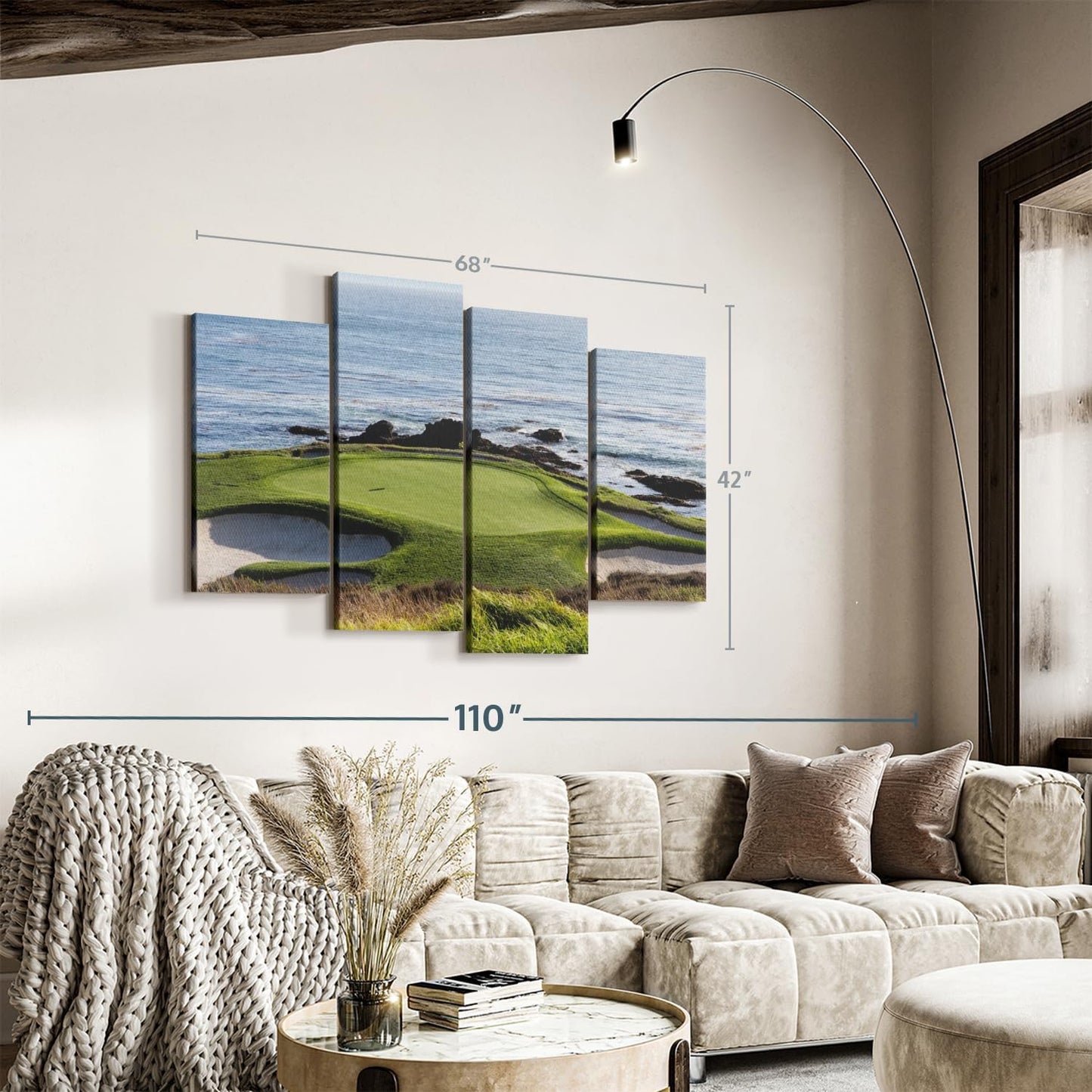 Elephant Stock Pebble Beach Golf Turf Wall Art - Horizontal Canvas - 4-Piece Hallway Wall Decor - Photographic Canvas Print - Brown and Blue Decor for Wall - 68" X 42"
