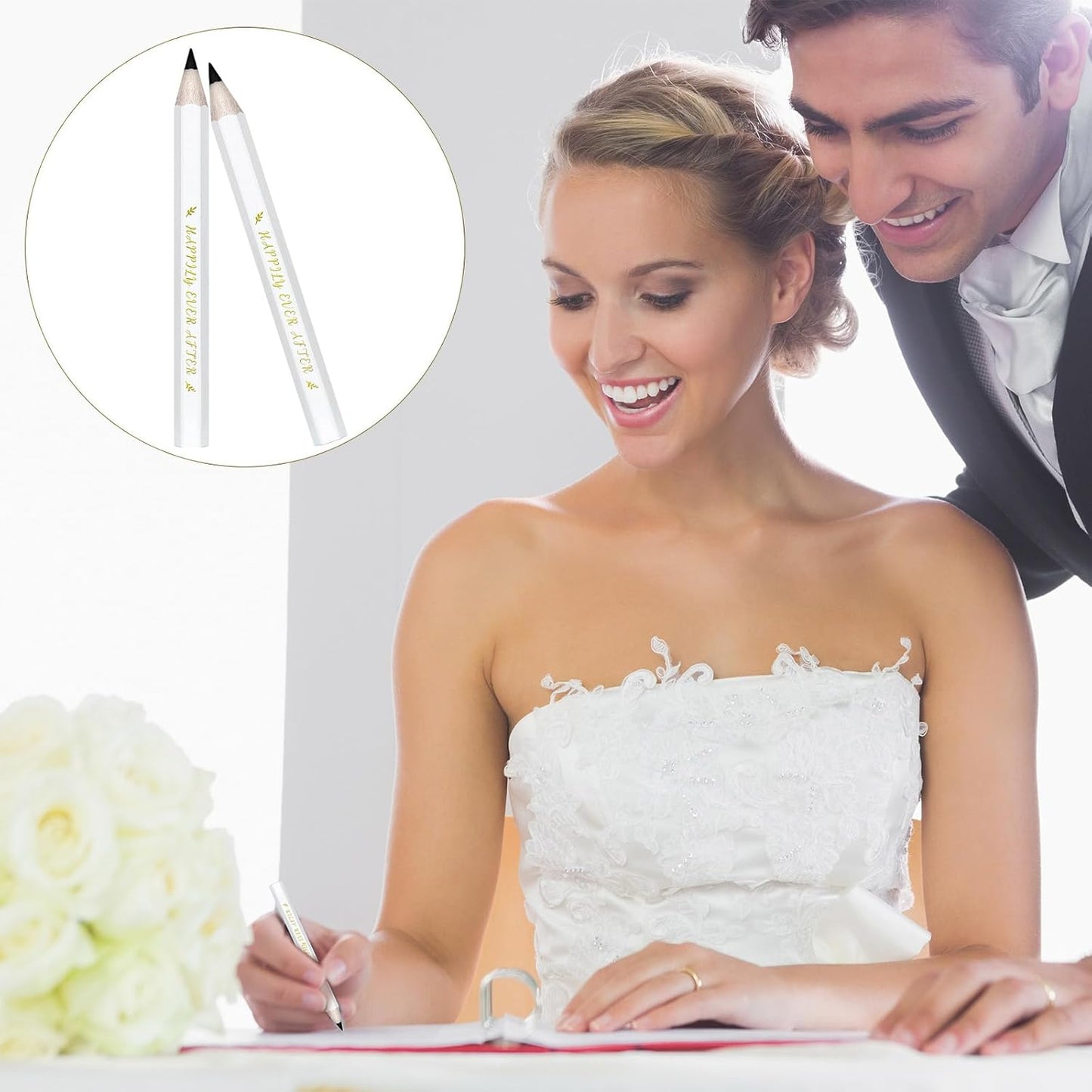 50 Pcs Wedding Half Pencils - Happily Ever After Mini Short Golf Pencils for Bridal Shower Favor Gift Company Meetings (White)