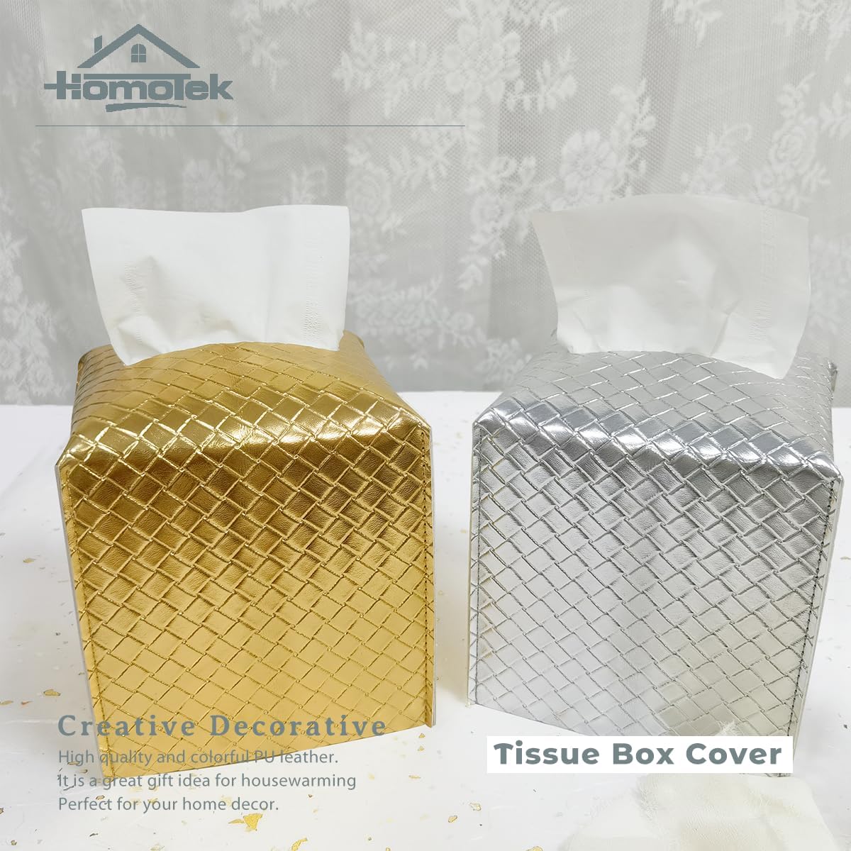 HOMOTEK 2 Pack Tissue Box Cover, Square PU Leather Tissue Holder, Decorative Facial Tissue Cube Paper Organizer Dispenser for Bathroom, Night Stands, Desk, Car 5X5X5'' - Woven Waffle, Silver
