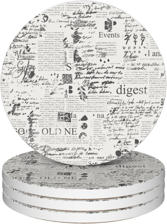 Drinks Coasters Set of 4, Vintage Old Book Page Round 4" Cup Coasters, Absorbent Ceramic Stone Coasters with Cork Base, Cute Coasters for Table Home Décor, Ideal Gifts for Women Men