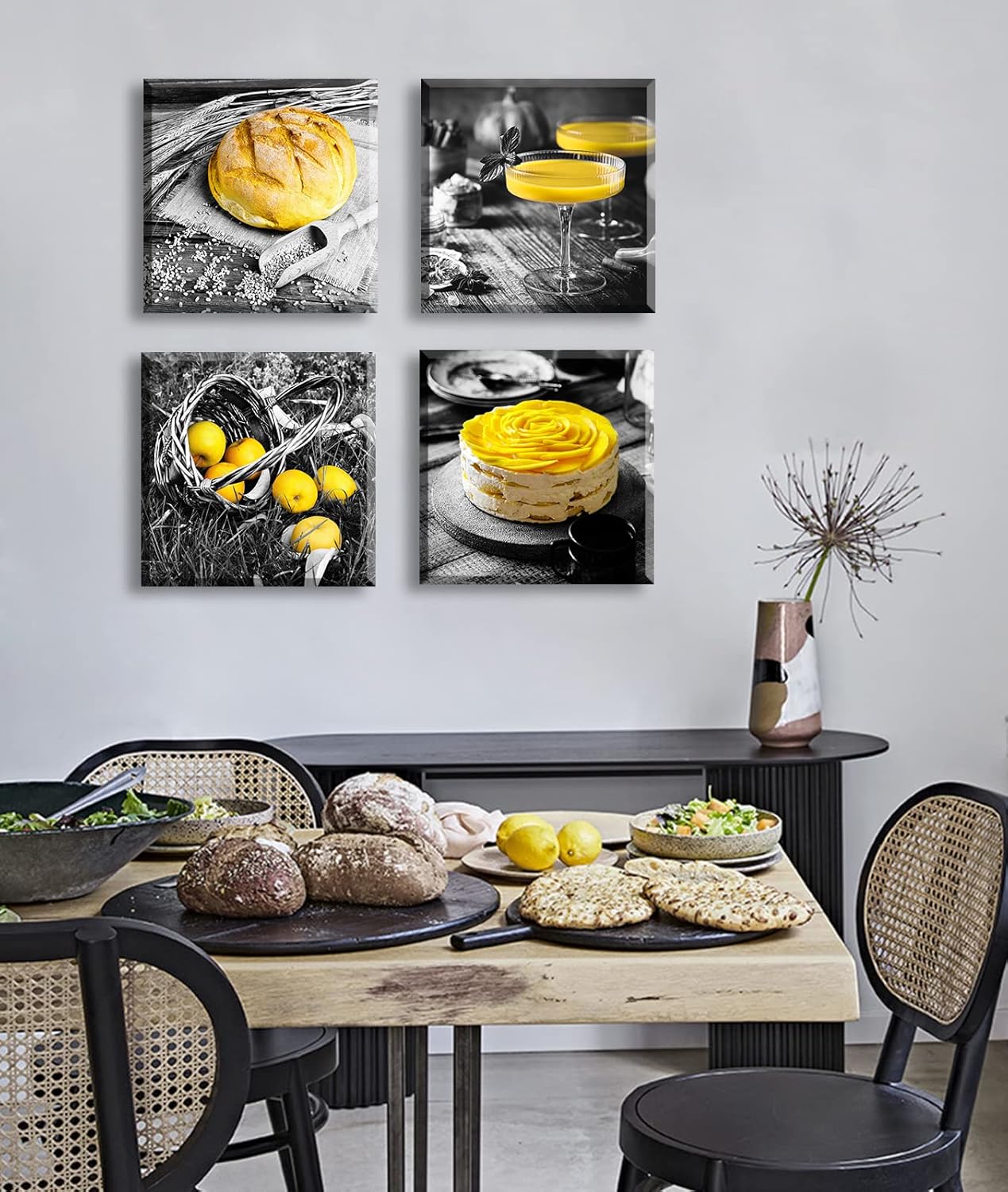 DJSYLIFE Kitchen Wall Decor Black and White Yellow Wall Art Bread Cake Fruit Picture Canvas Print Paintings for Cafe Dining Room Restaurant Farmhouse Kitchen Decoration 12" Wx12 Hx4