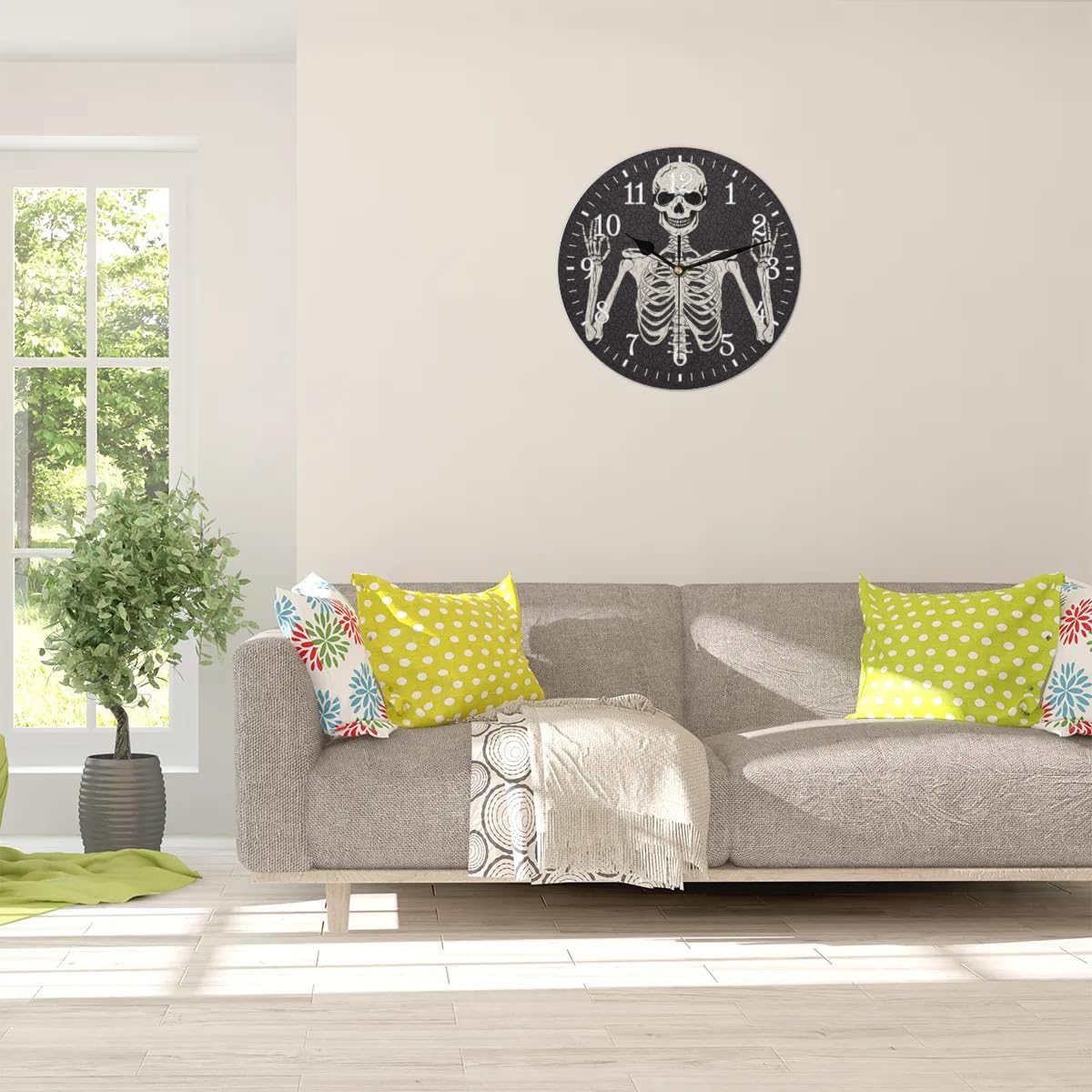 Wall Clock Without Ticking Sound - 25cm Silent Round Clocks Battery Operated Modern Decorative Style Easy to Read for Living Room/Kitchen/Bedrooms/Office/Home Decor/Hallway （Skull）