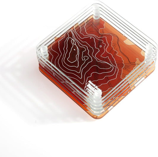 Mammoth Mountain 3D Contour Map Glass Drink Coasters of Mountains, Ski Resort, Set of 6 with Holder, Housewarming Birthday Gifts, Home Decor