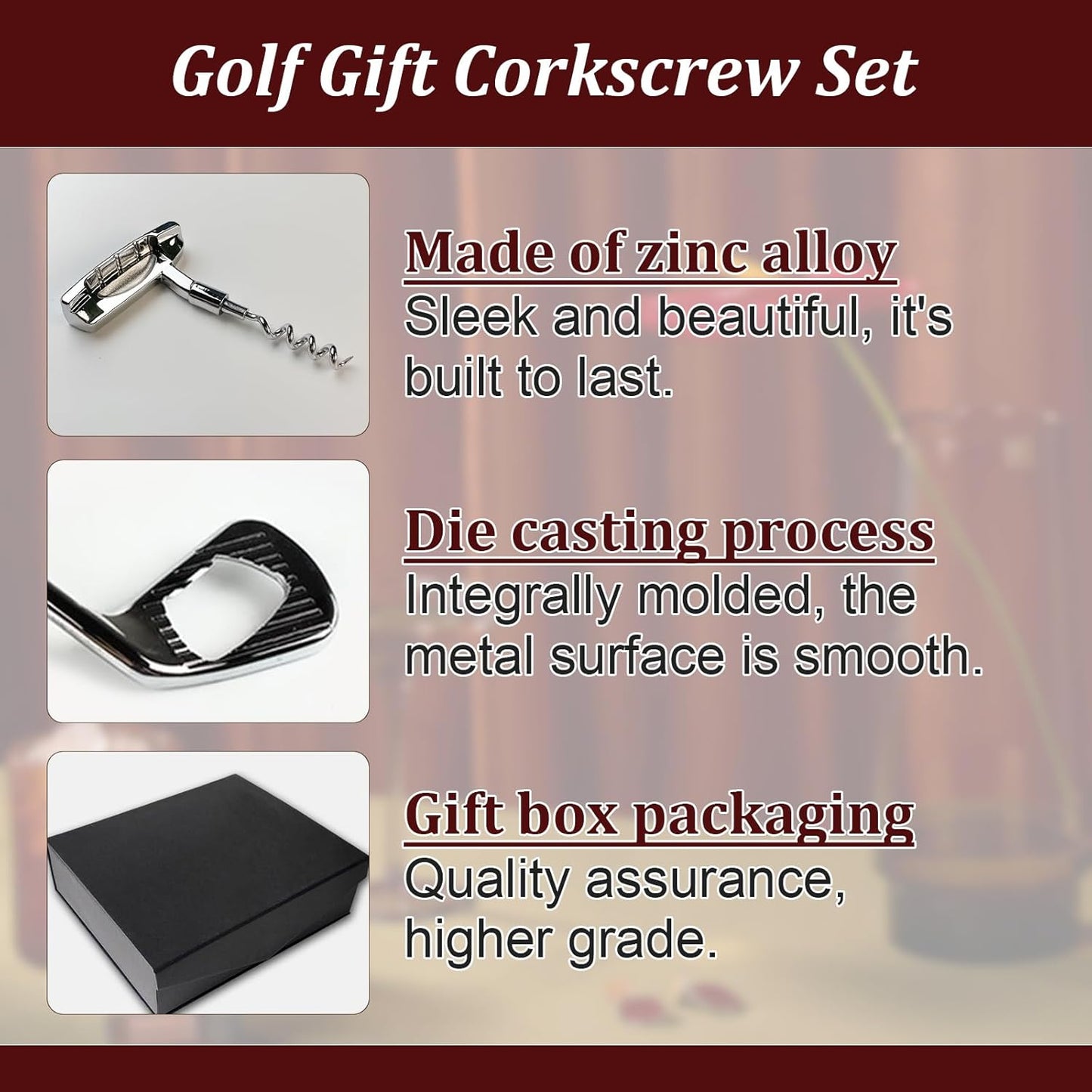 Golf Club Bottle Opener, Wine Opener & Stoppers Set Zinc Alloy Manual Wine Bottle Opener for Golf & Wine Lovers, Set of 3