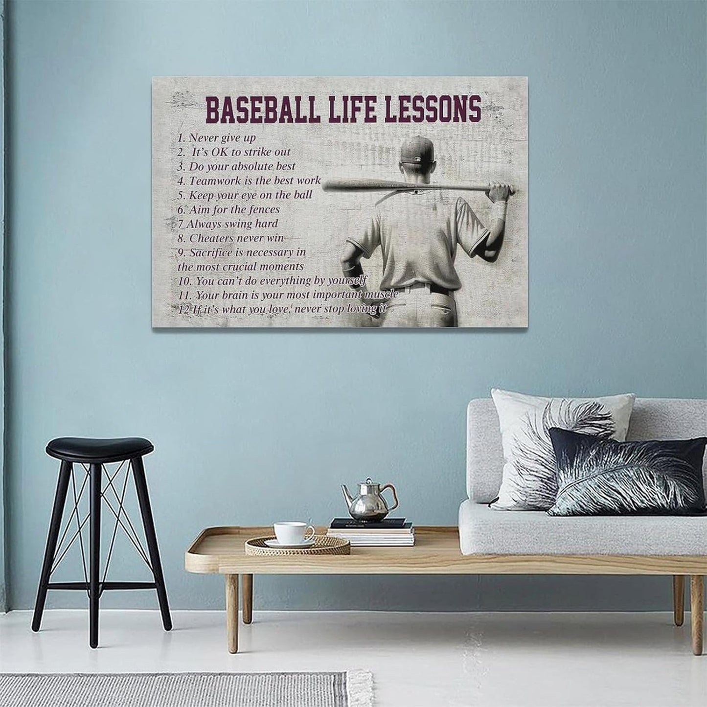 Baseball Sports Wall Art Baseball Life Lessons Wall Decor Baseball Sign Retro Poster Boy Men Motivational Decorations Canvas Print Painting Artwork for Bedroom Bathroom Living Room Gym 24"x16"