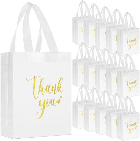 Sweetude 30 Pcs Thank You Gift Bags with Handles Bulk Reusable Goodie Bag Non Woven Foldable Handbag for Graduation Wedding Bridesmaid Gifts(10 x 8 x 4 Inch,White)